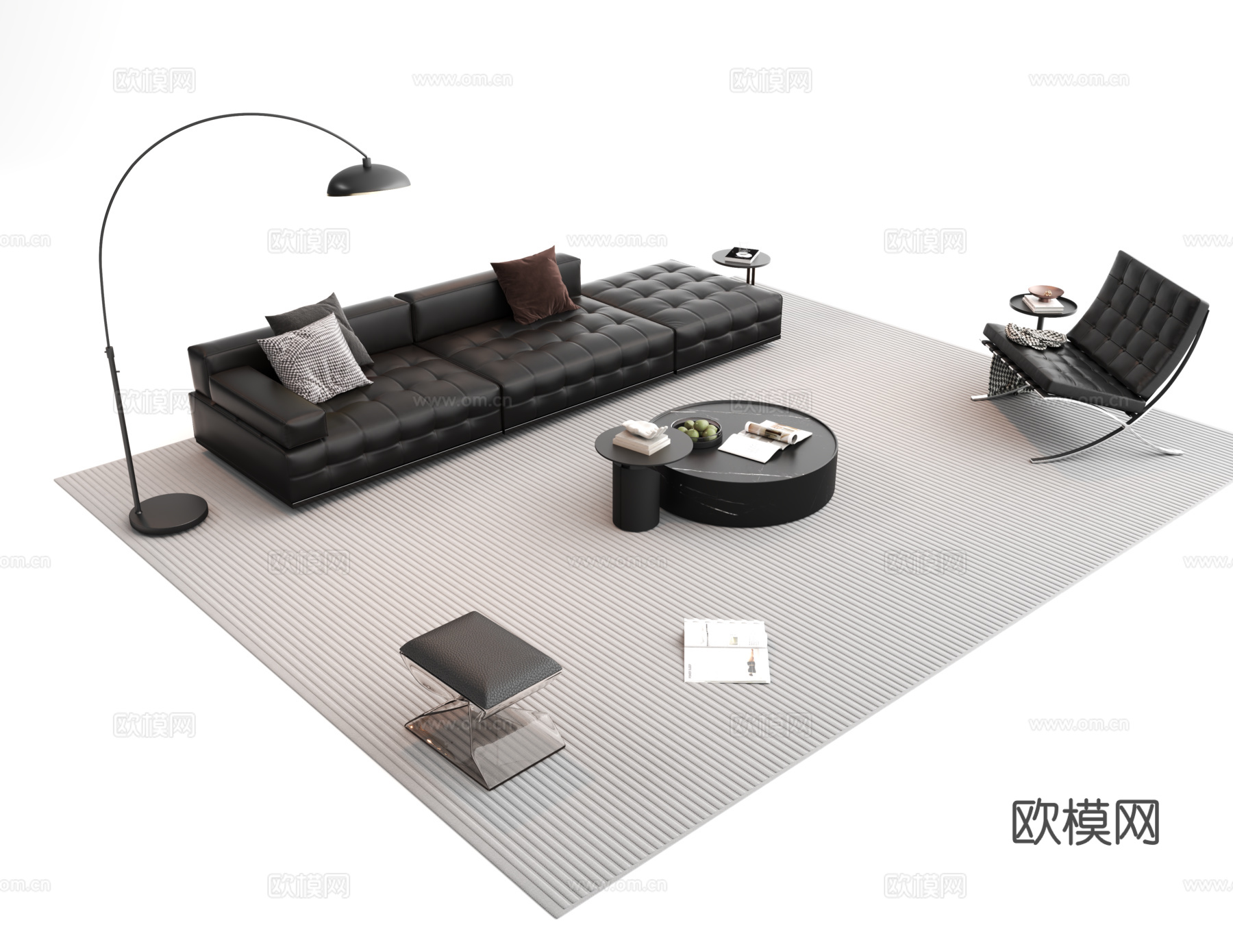 现代意式沙发组合 沙发茶几组合 多人沙发3d模型