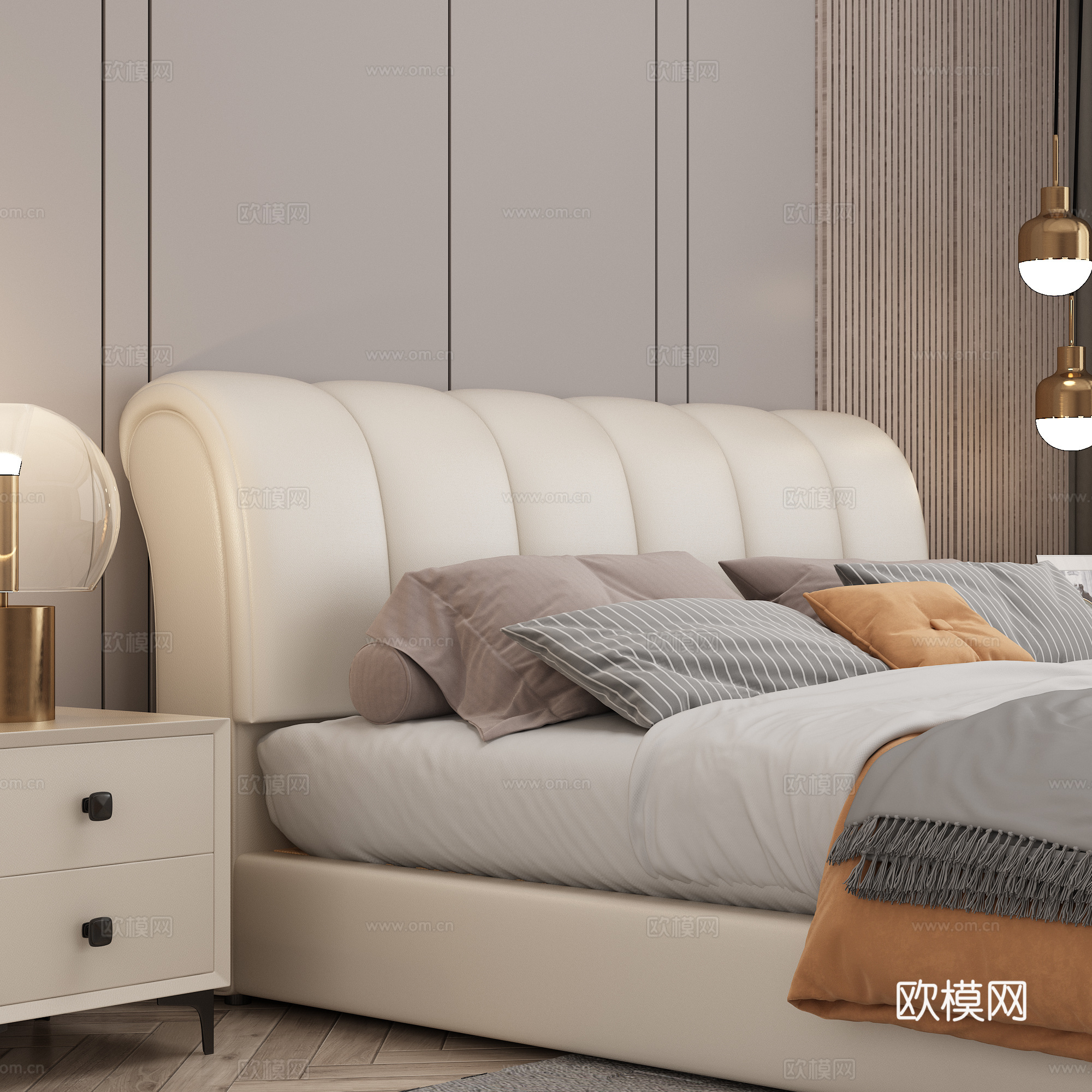 双人床 皮质软包双人床 轻奢主卧床 意式极简 床品 卧室 床3d模型