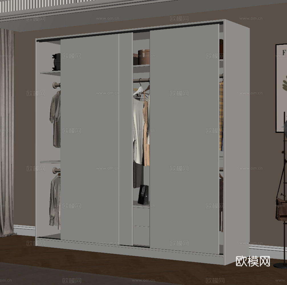 现代推拉门衣柜 衣服 挂衣杆 装饰画 衣柜内部su模型