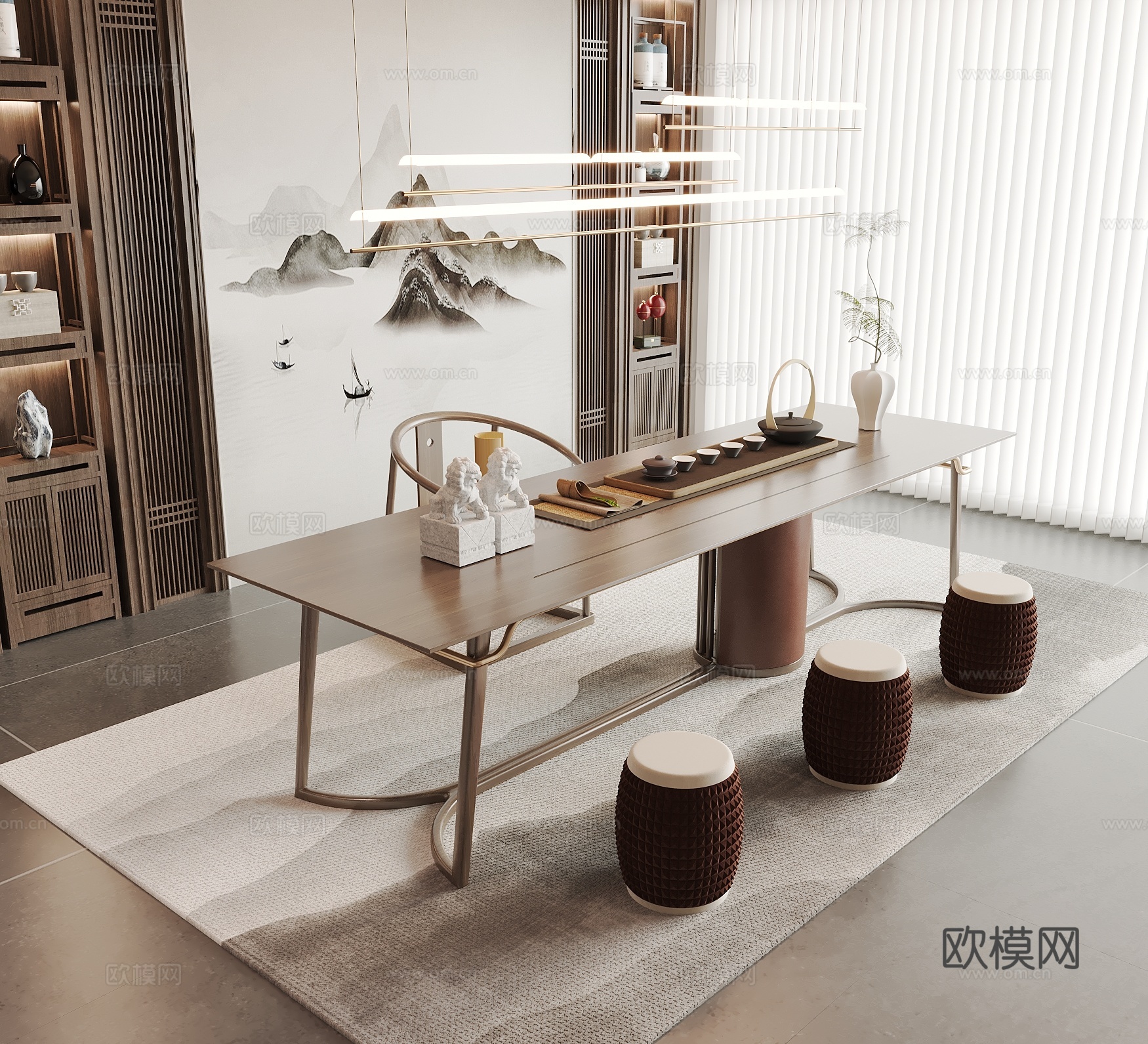 新中式茶桌椅 茶具 茶室 茶柜 吊灯 梦幻帘3d模型