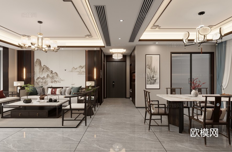 新中式客餐厅3d模型下载_ID15749877_3dmax免费模型-欧模网