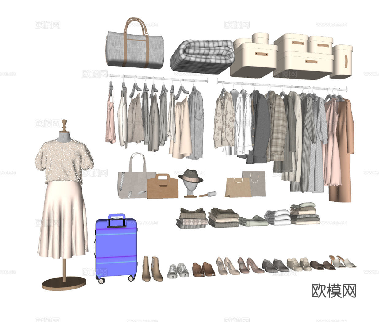 现代衣柜服饰箱包 鞋子 衣柜挂件 模特 箱包su模型