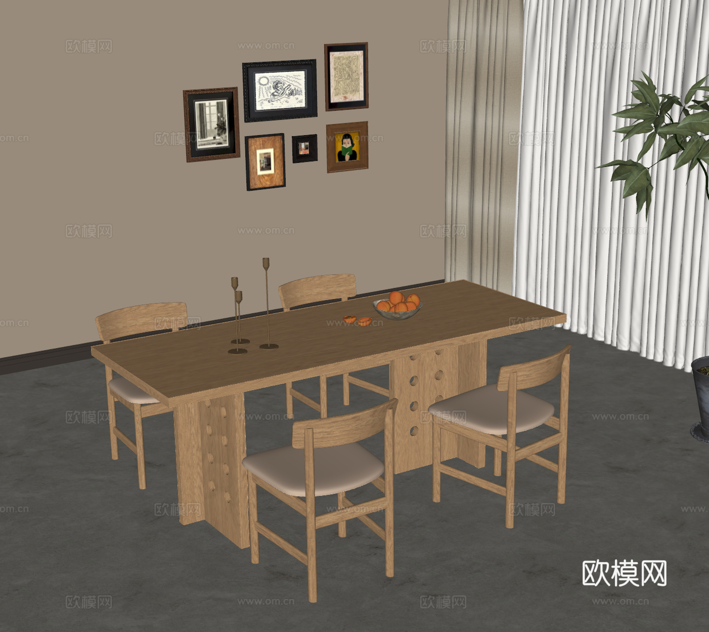 侘寂原木风餐桌椅组合 实木餐桌 木质餐椅 长餐桌 原木风餐厅su模型