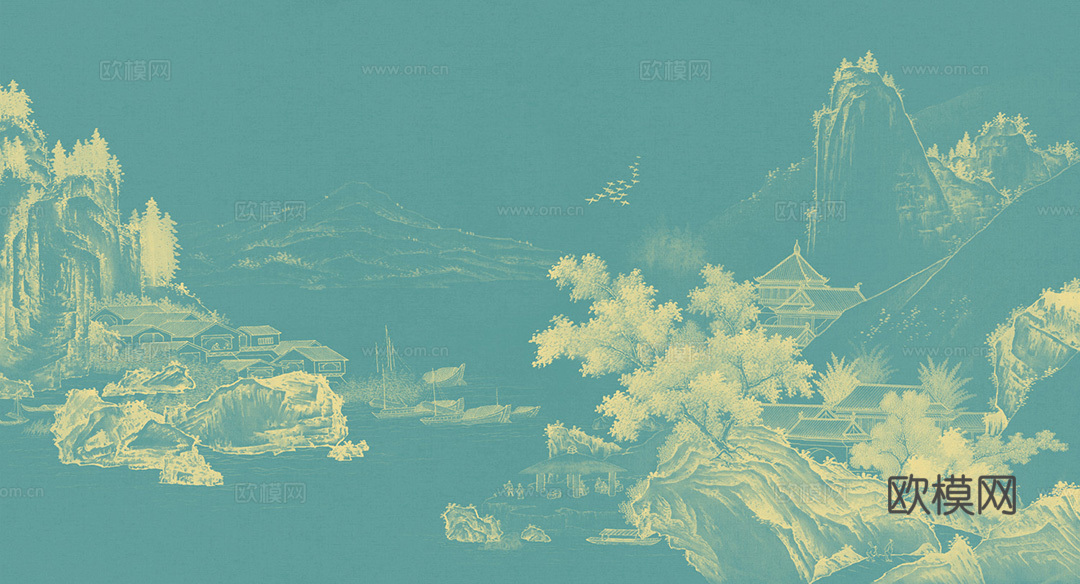 高清中式新中式山水建筑意境壁纸壁画装饰画