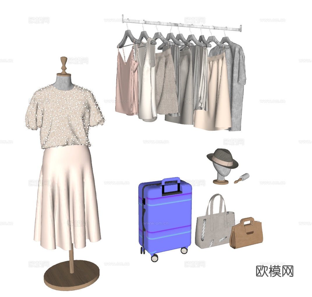 现代女装 模特 吊带 箱包 裙子su模型