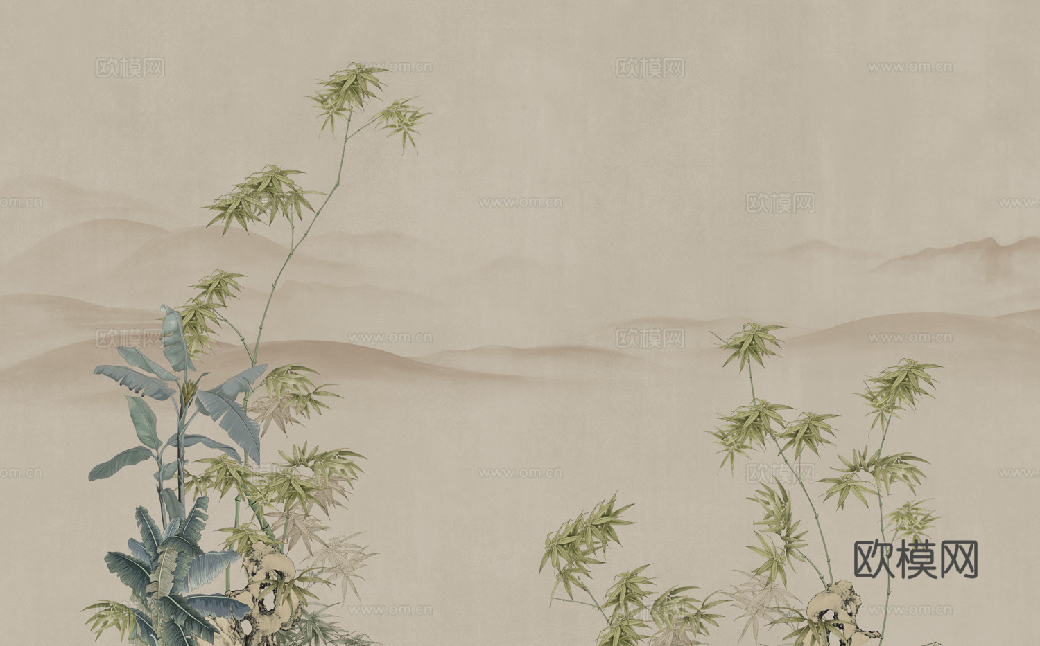 高清新中式中式山水植物意境壁纸壁画