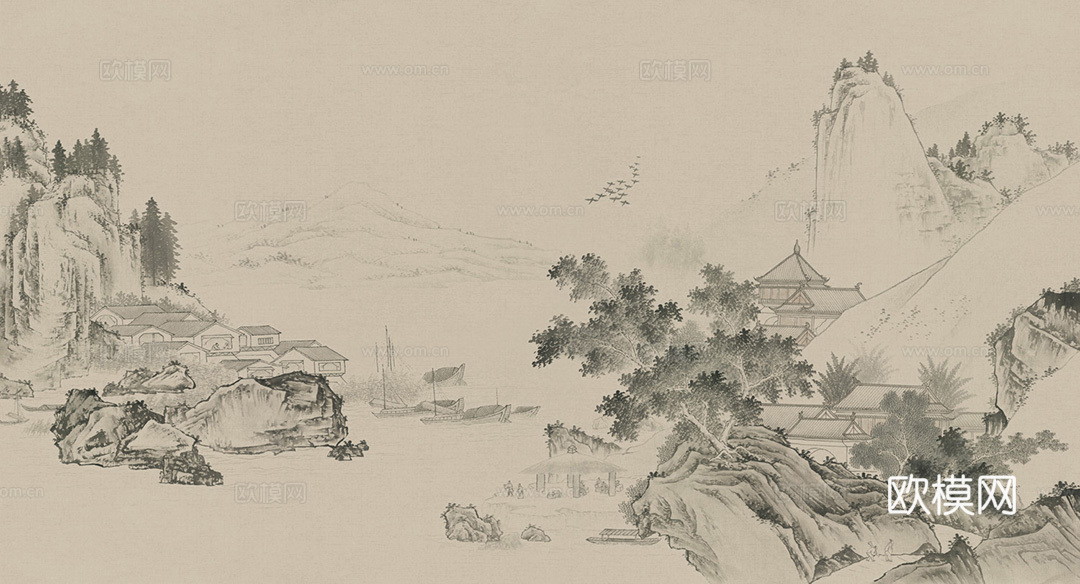 高清中式新中式山水建筑意境壁纸壁画装饰画