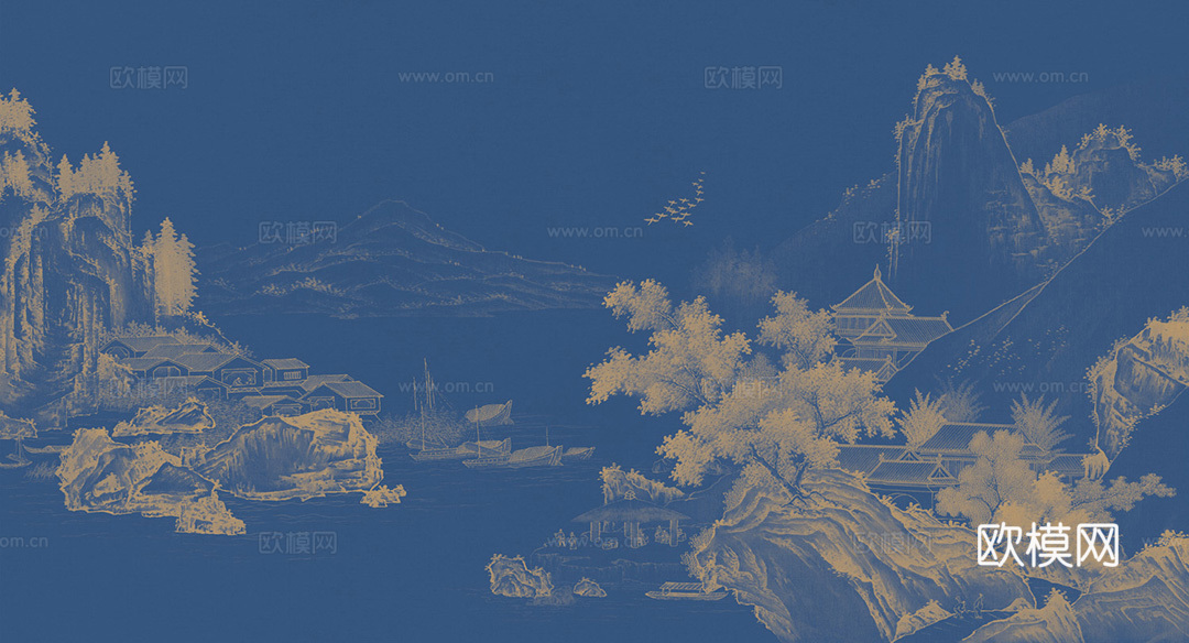 高清中式新中式山水建筑意境壁纸壁画装饰画