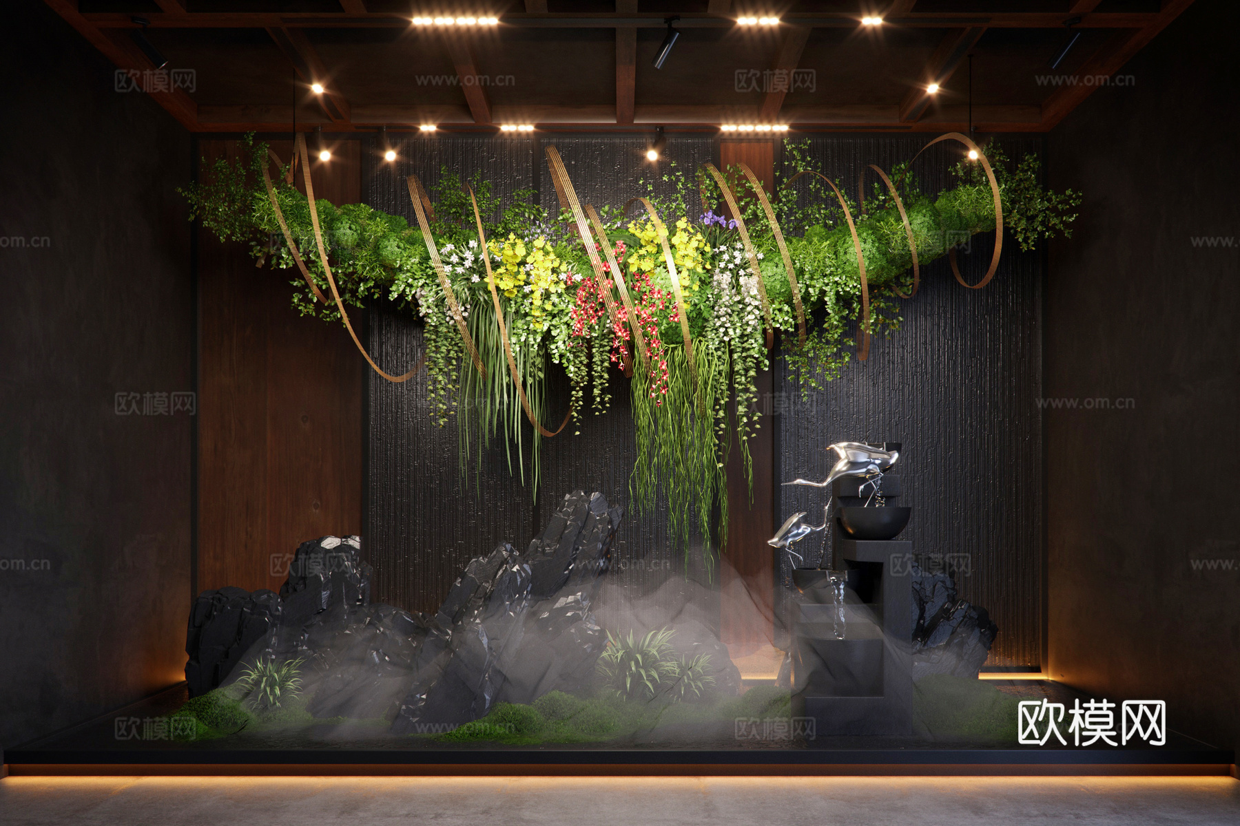 新中式室内造景 景观植物堆  跌水 石头雕塑小品su模型