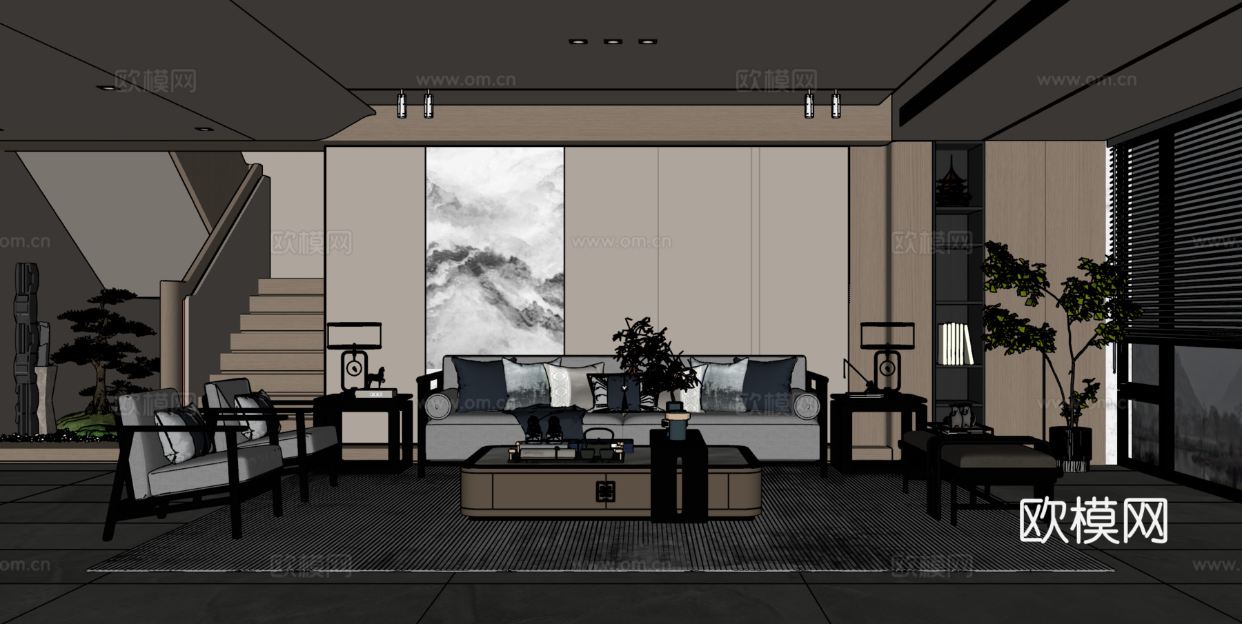 新中式客厅 沙发茶几组合 绿植 饰品摆件 台灯 背景墙su模型