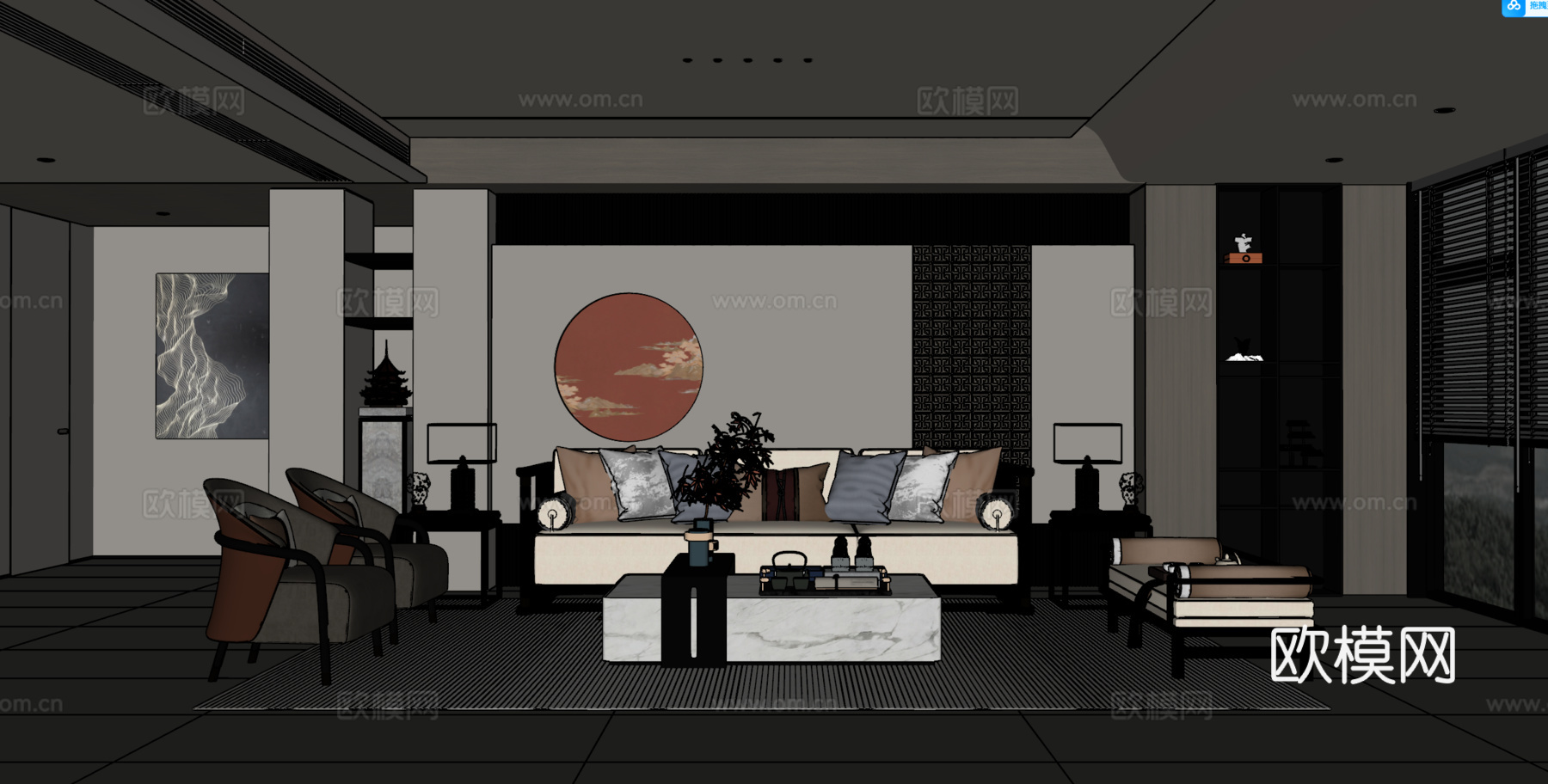 新中式客厅 沙发茶几组合 绿植 饰品摆件 台灯 背景墙su模型