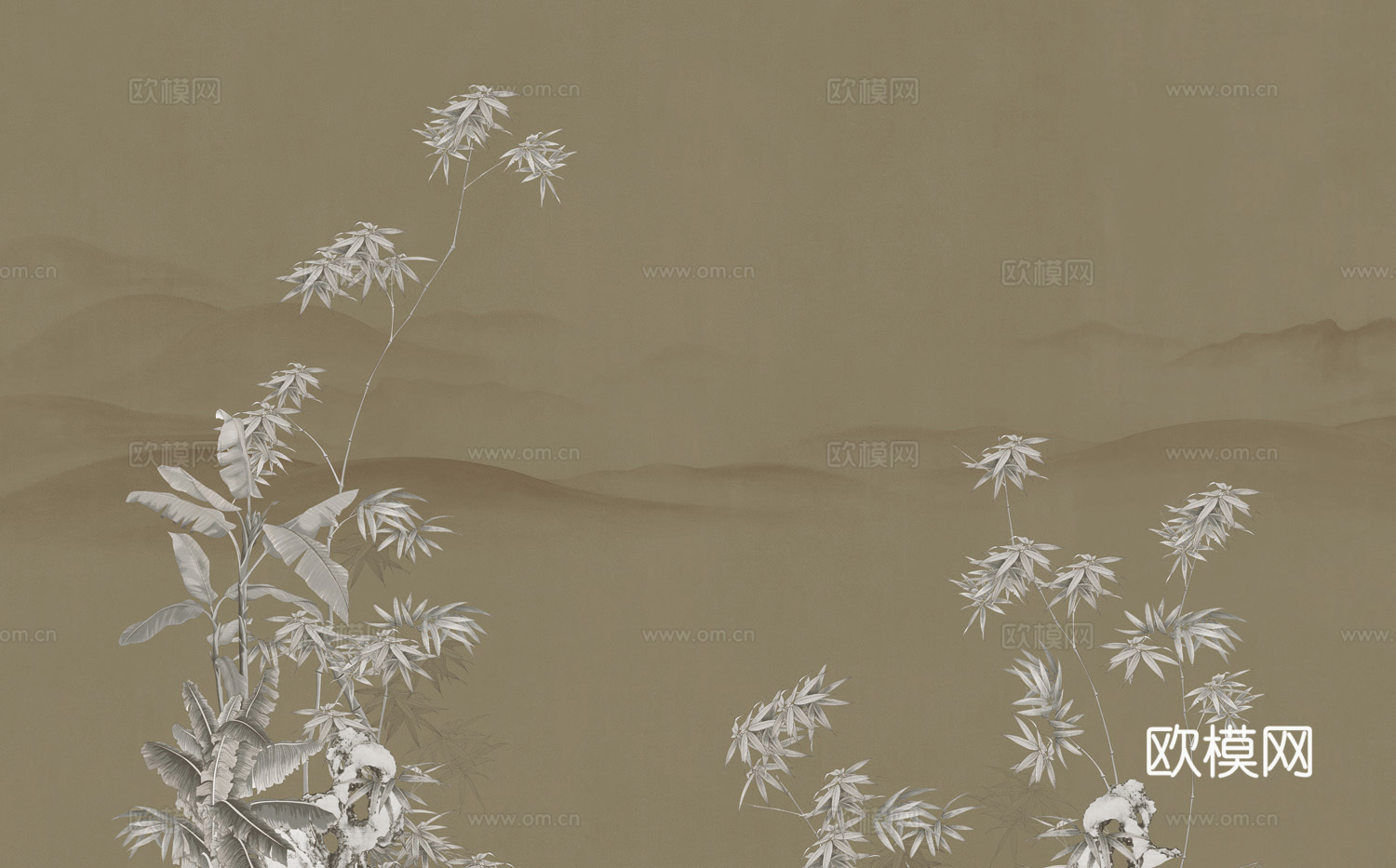 高清新中式中式山水植物意境壁纸壁画