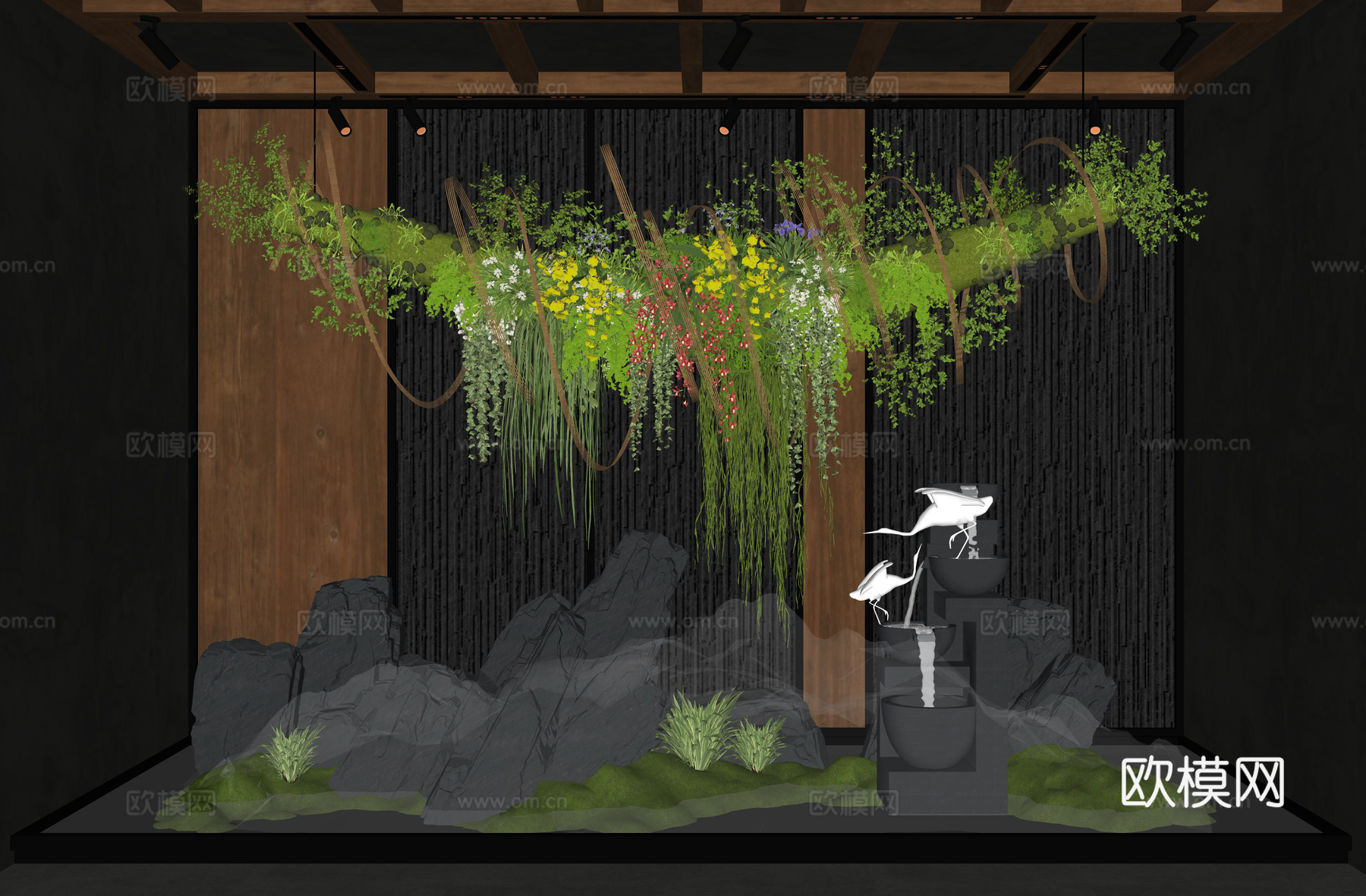 新中式室内造景 景观植物堆  跌水 石头雕塑小品su模型