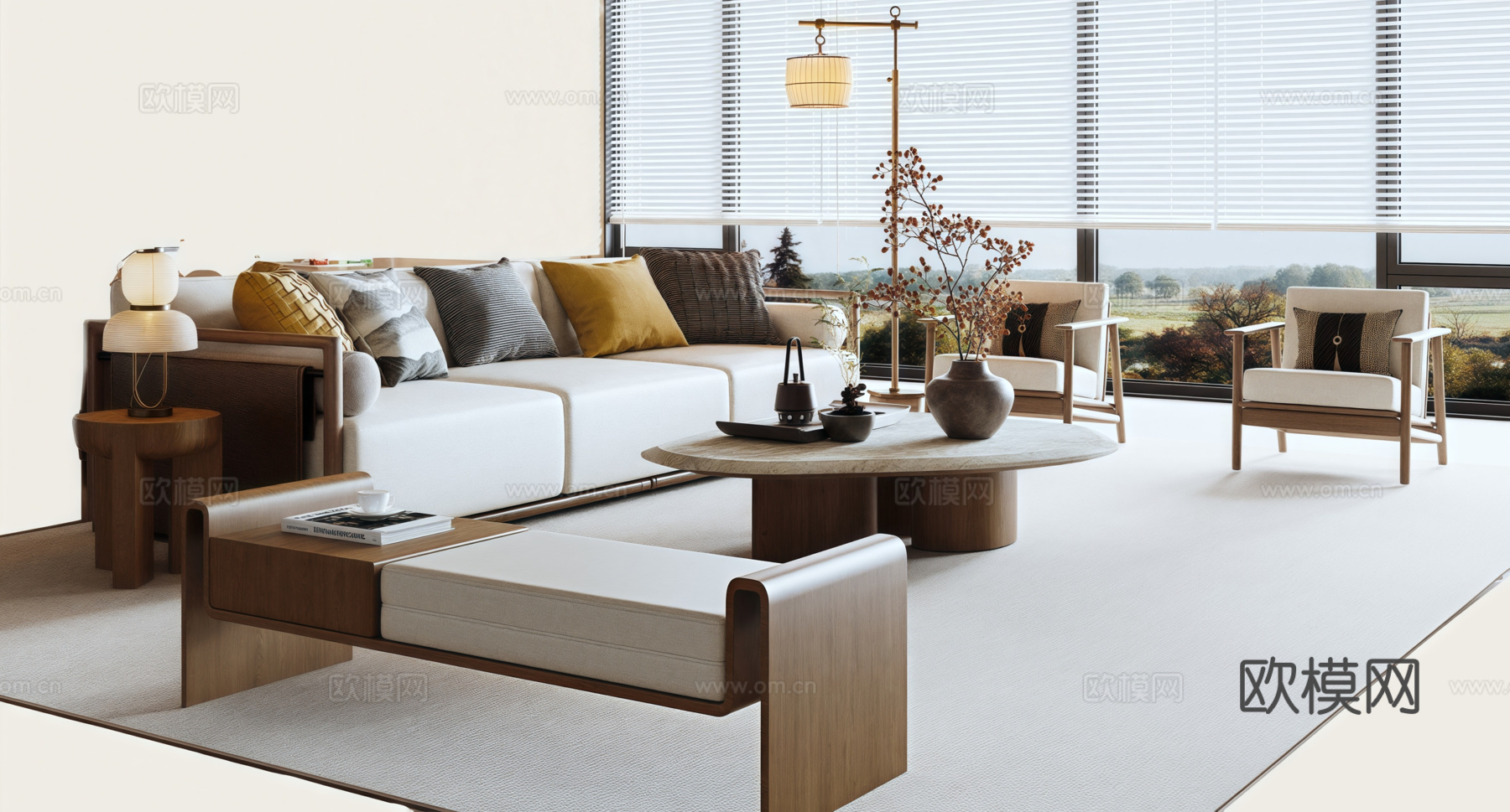 新中式沙发茶几组合3d模型下载