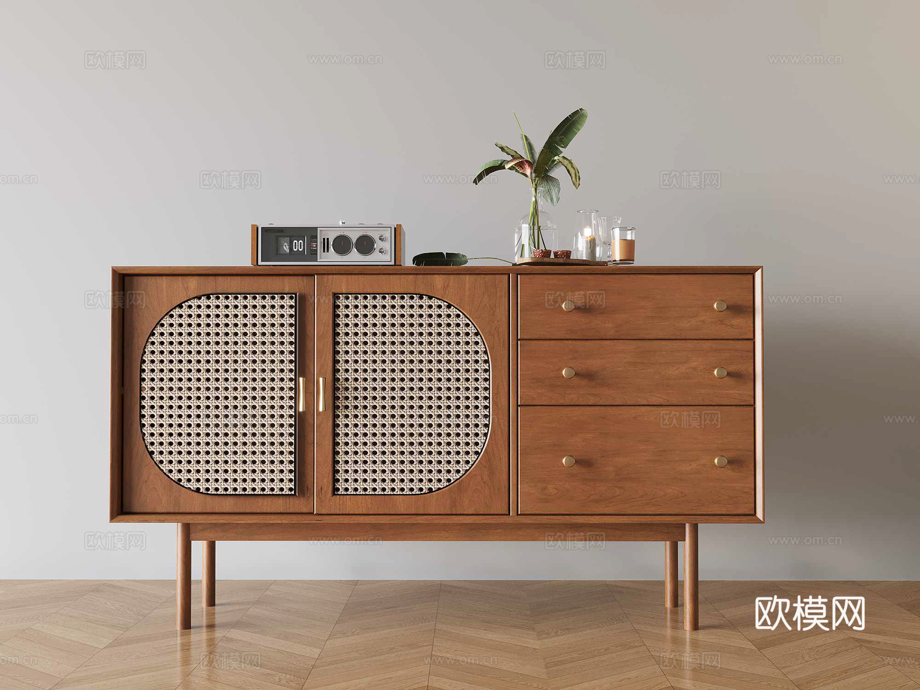 中古风藤编边柜 端景柜玄关柜矮柜 中古实木装饰边柜su模型