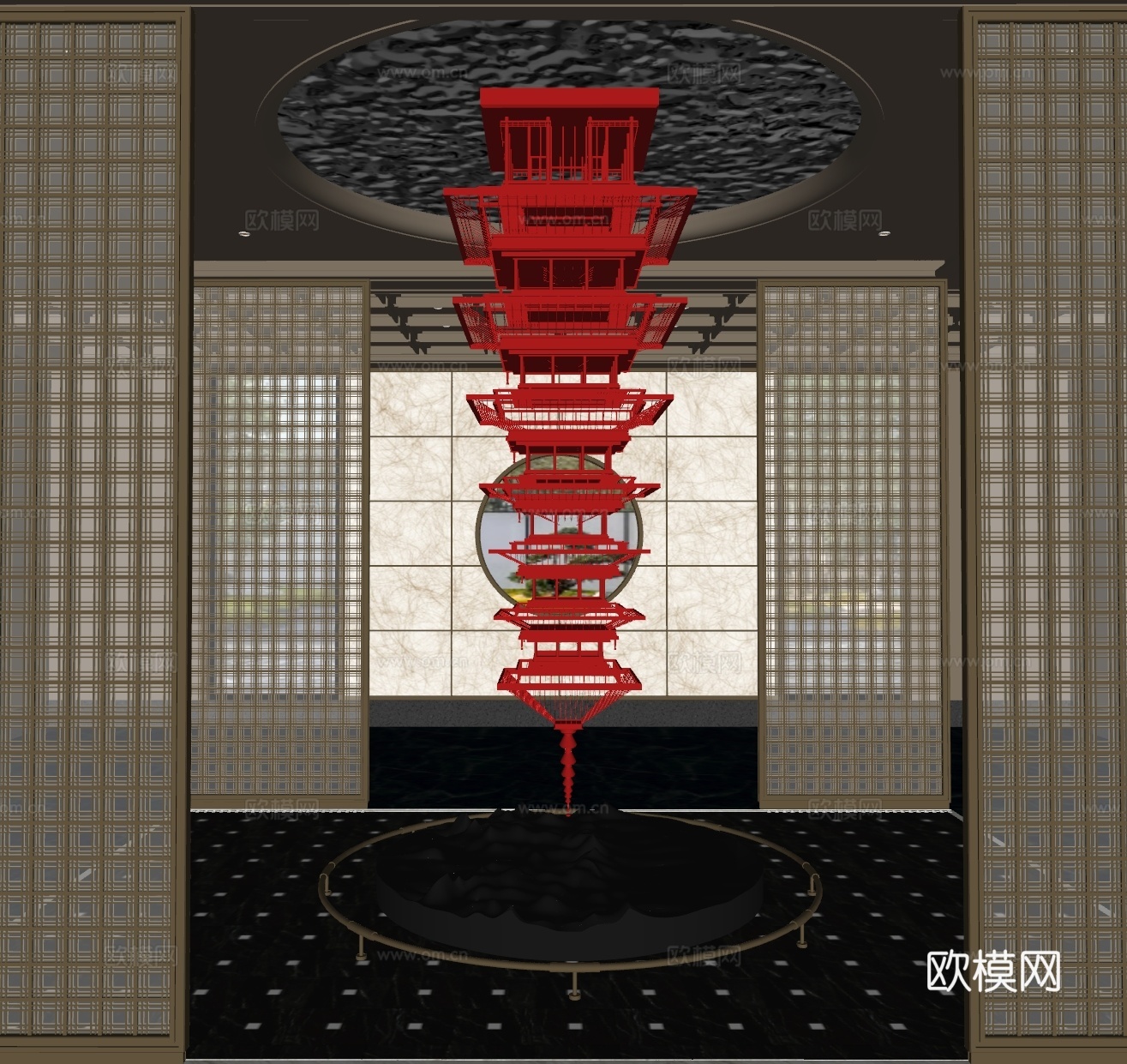 新中式酒店艺术装置 屏风隔断 雕塑装置 倒挂装置su模型