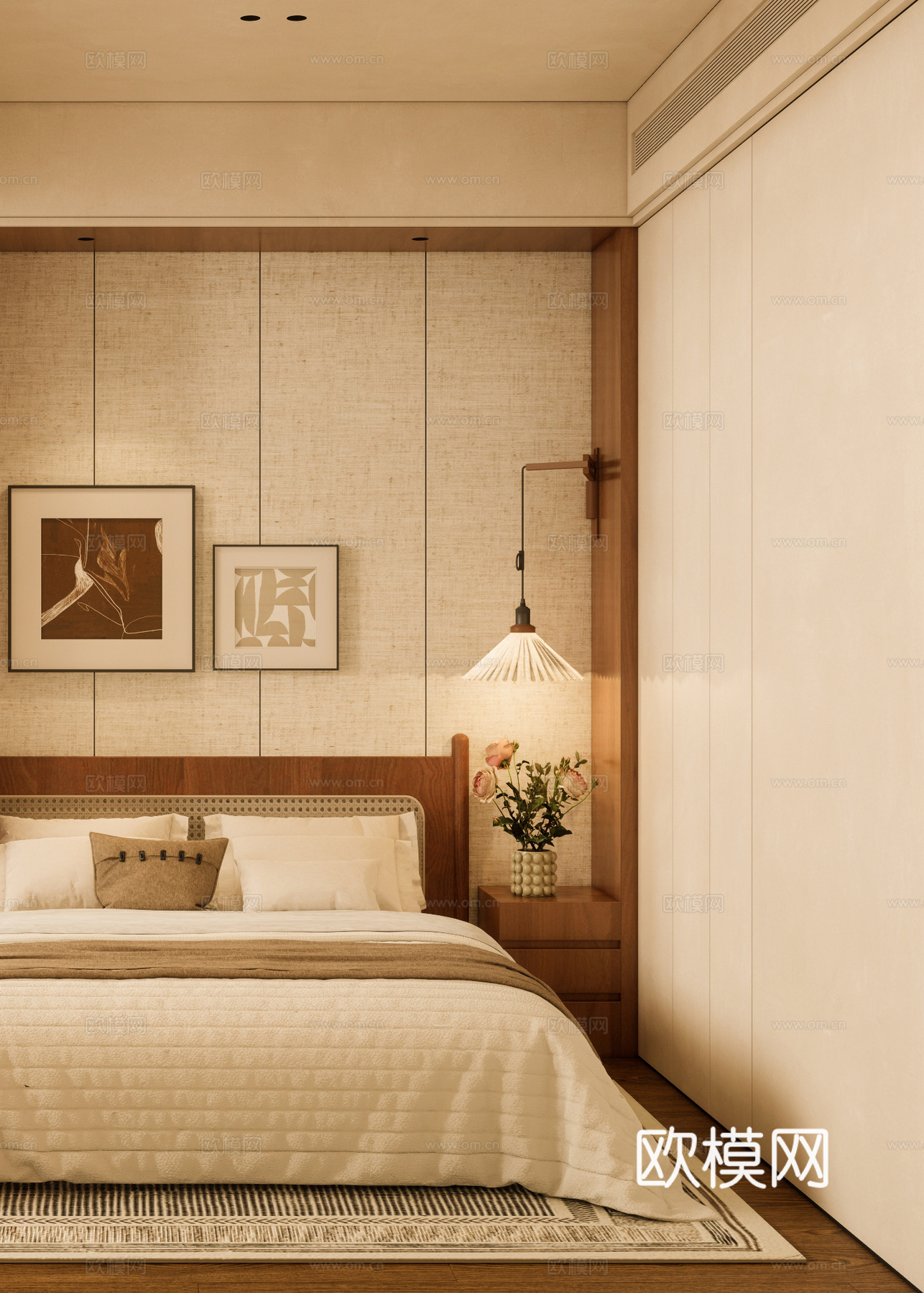中古卧室 床 休闲椅 壁灯 地毯 挂画su模型
