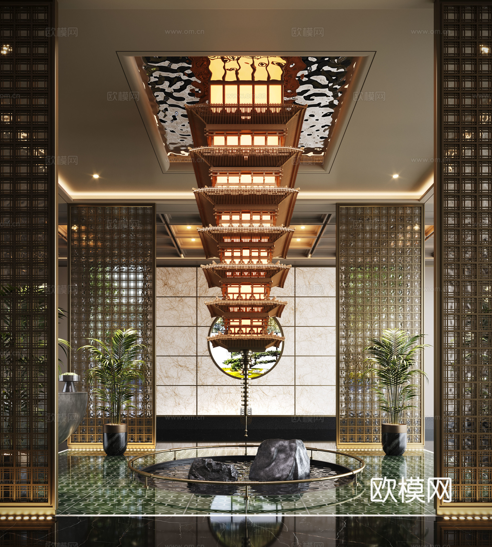新中式酒店大堂 屏风隔断 雕塑装置 倒挂装置su模型