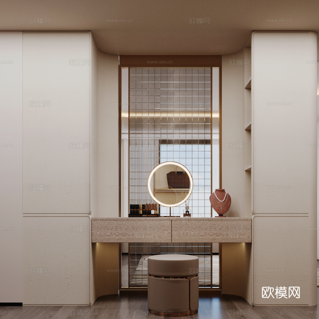 现代意式梳妆台 轻奢梳妆台 化妆桌化妆凳组合 化妆镜 化妆桌su模型