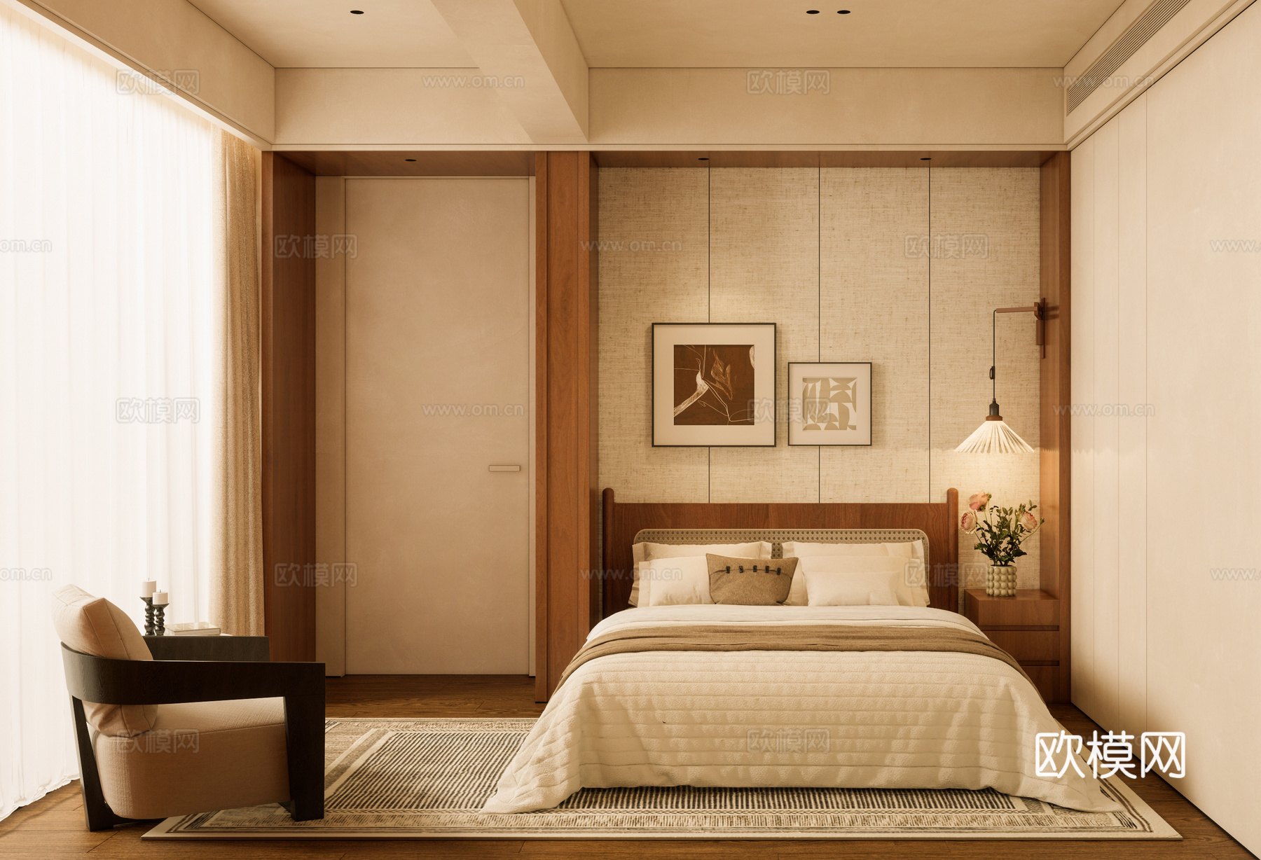 中古卧室 床 休闲椅 壁灯 地毯 挂画su模型