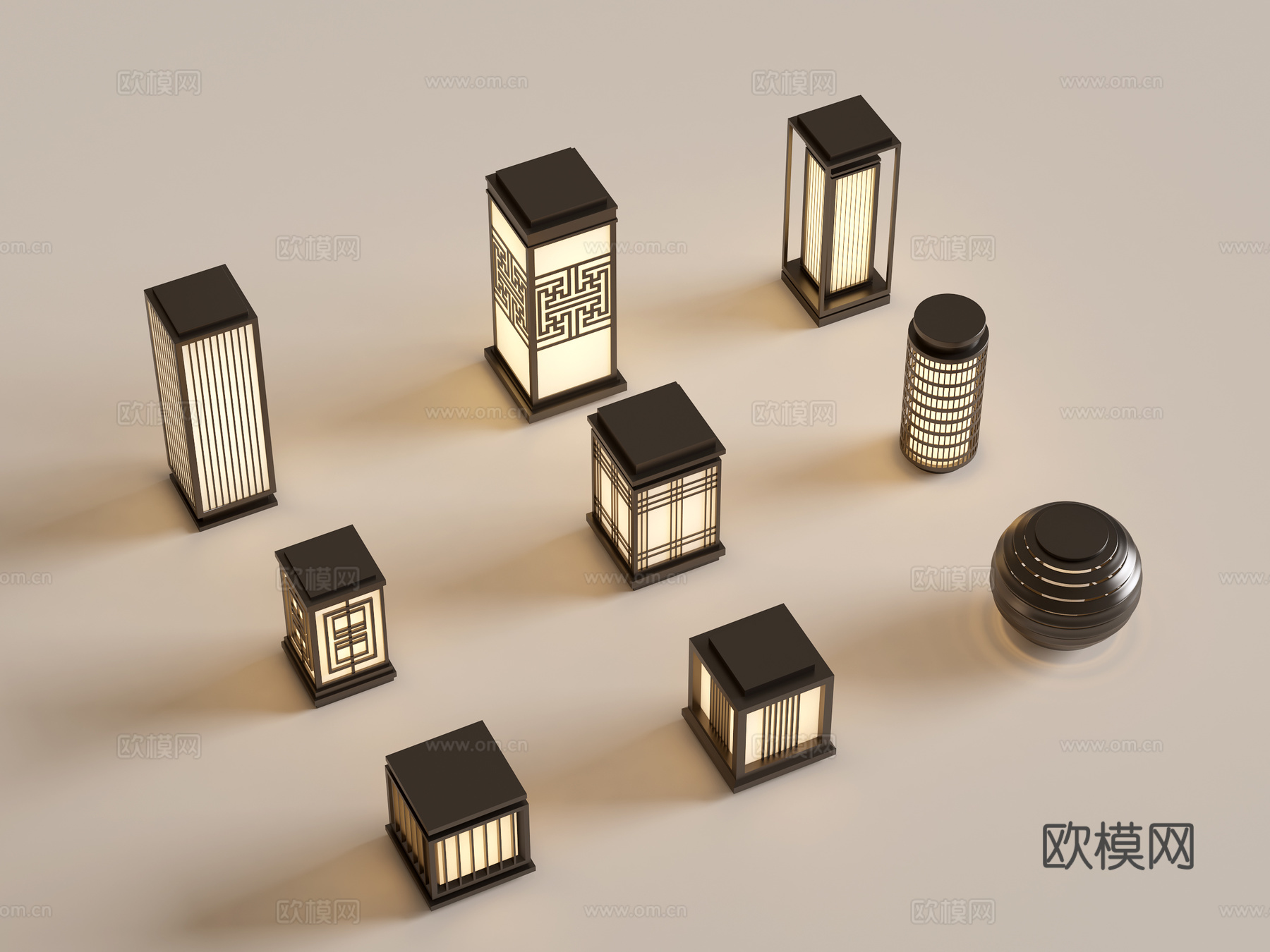 现代中式景观灯 草坪灯 庭院灯 户外灯组合3d模型