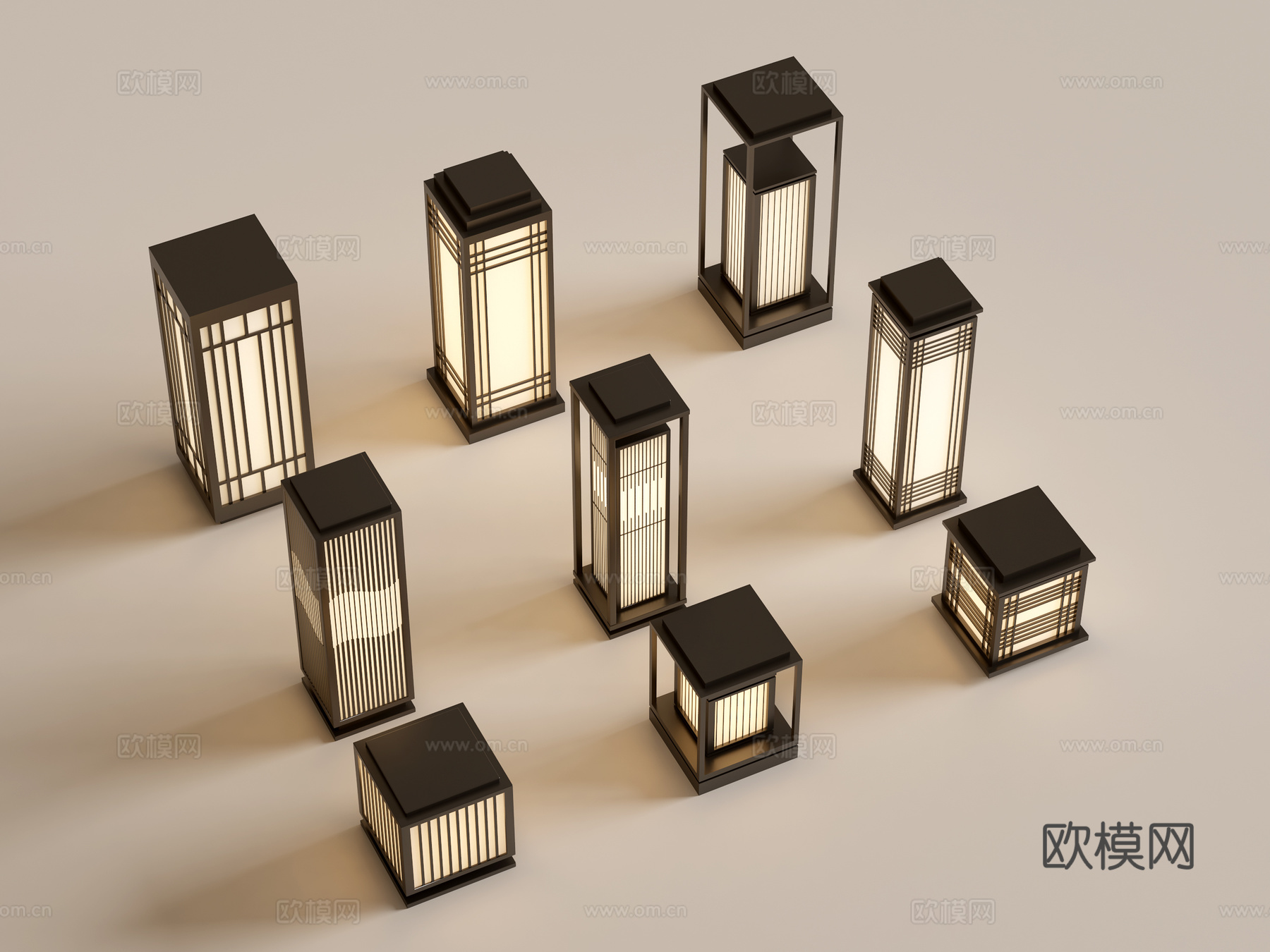 现代中式景观灯 草坪灯 庭院灯 户外灯组合3d模型