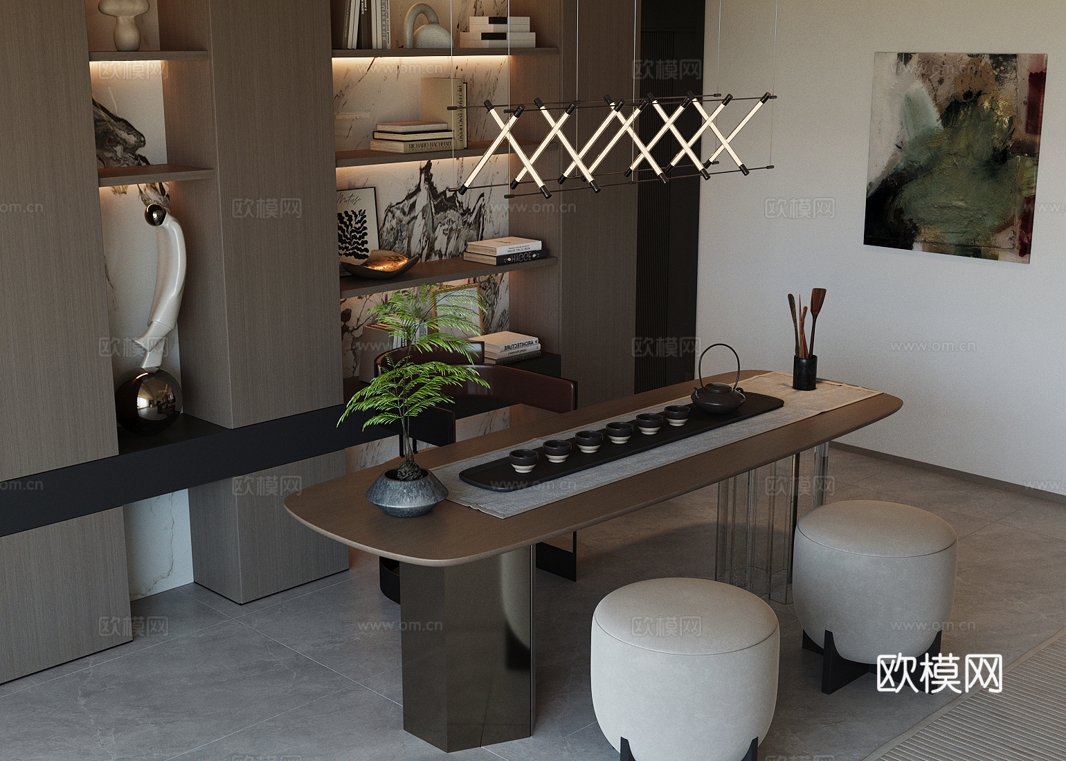 现代意式茶室 客厅茶室 开放式茶室 阳台茶室 茶室柜 茶桌椅su模型