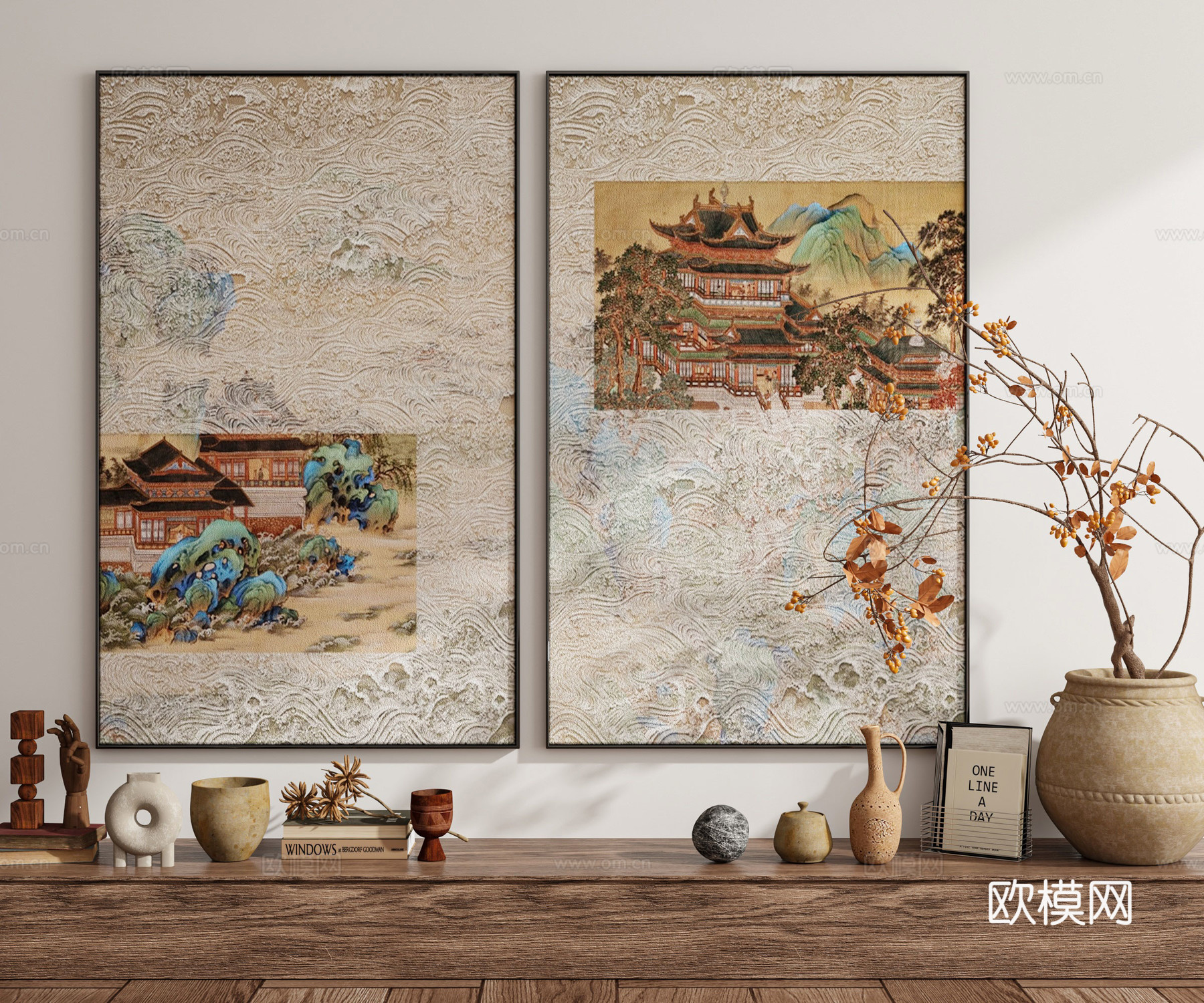 现代新中式侘寂中古风装饰画挂画陈设品绿植3d模型