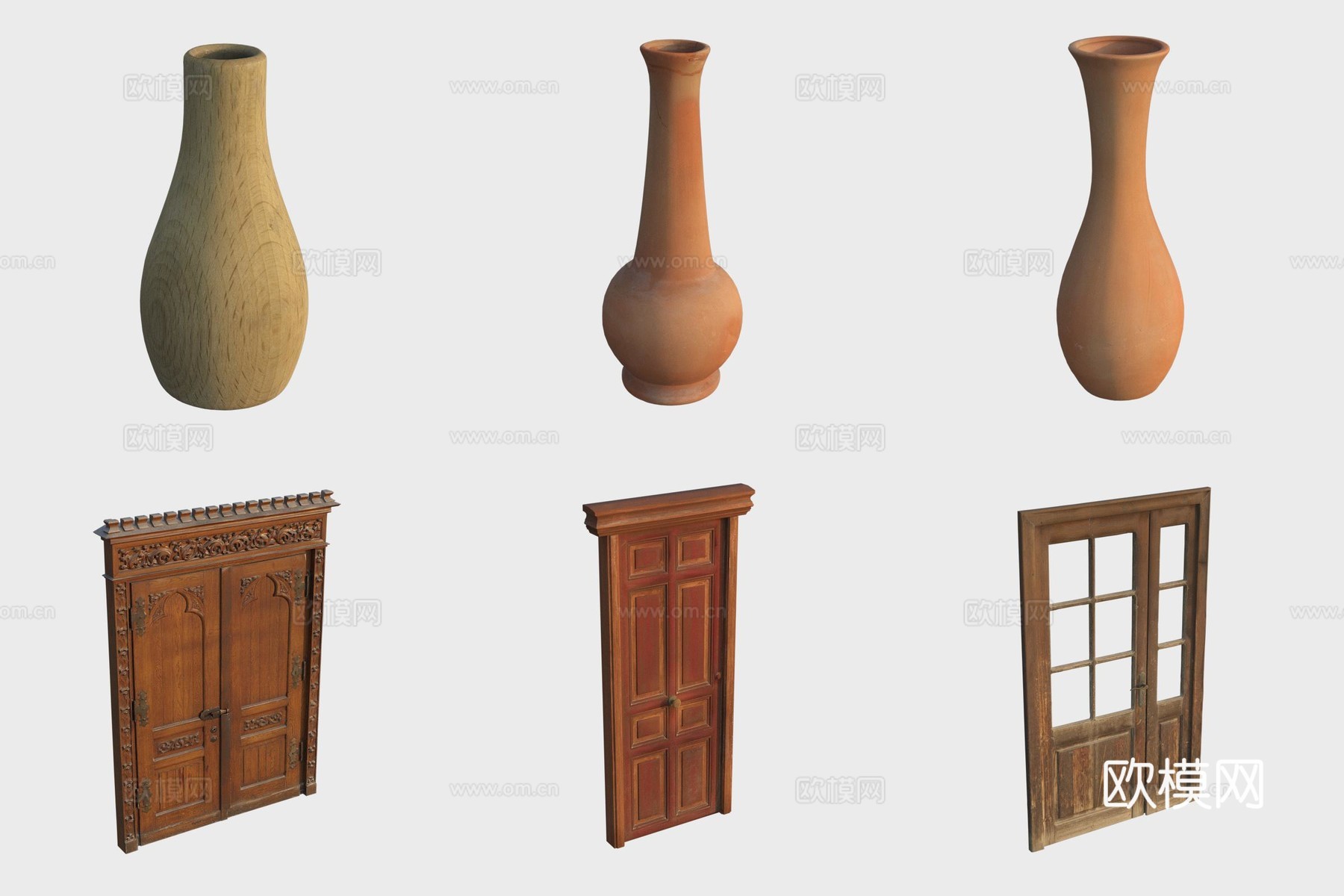 古代木门酒瓶酒壶陶罐陶艺雕花木门3d模型