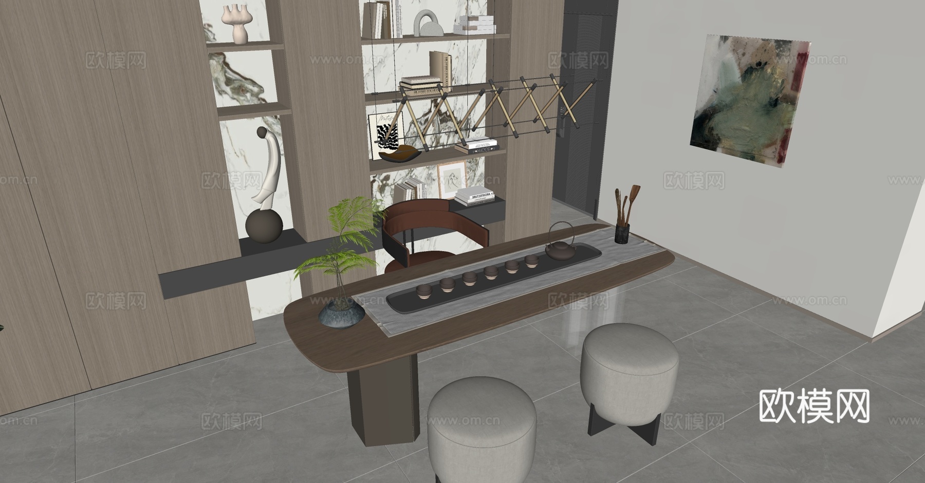 现代意式茶室 客厅茶室 开放式茶室 阳台茶室 茶室柜 茶桌椅su模型