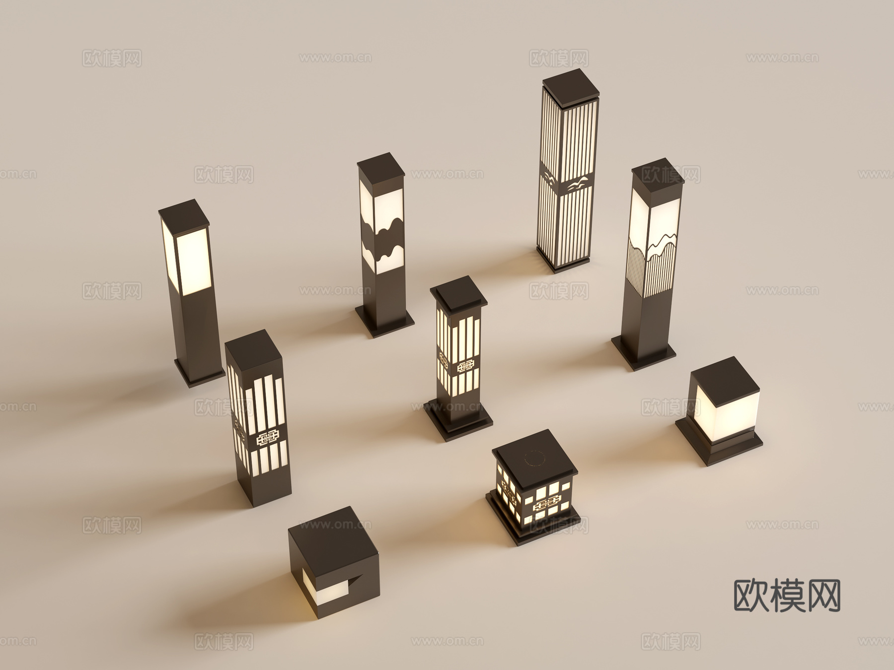 现代中式景观灯 草坪灯 庭院灯 户外灯组合3d模型