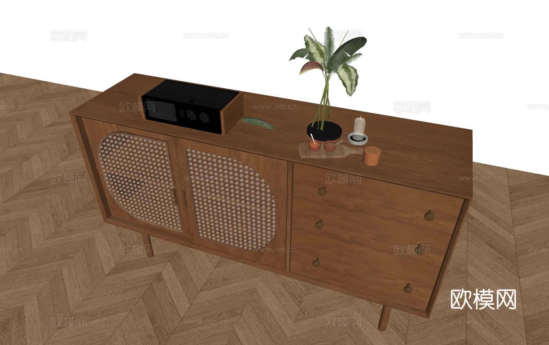 中古风藤编边柜 端景柜玄关柜矮柜 中古实木装饰边柜su模型