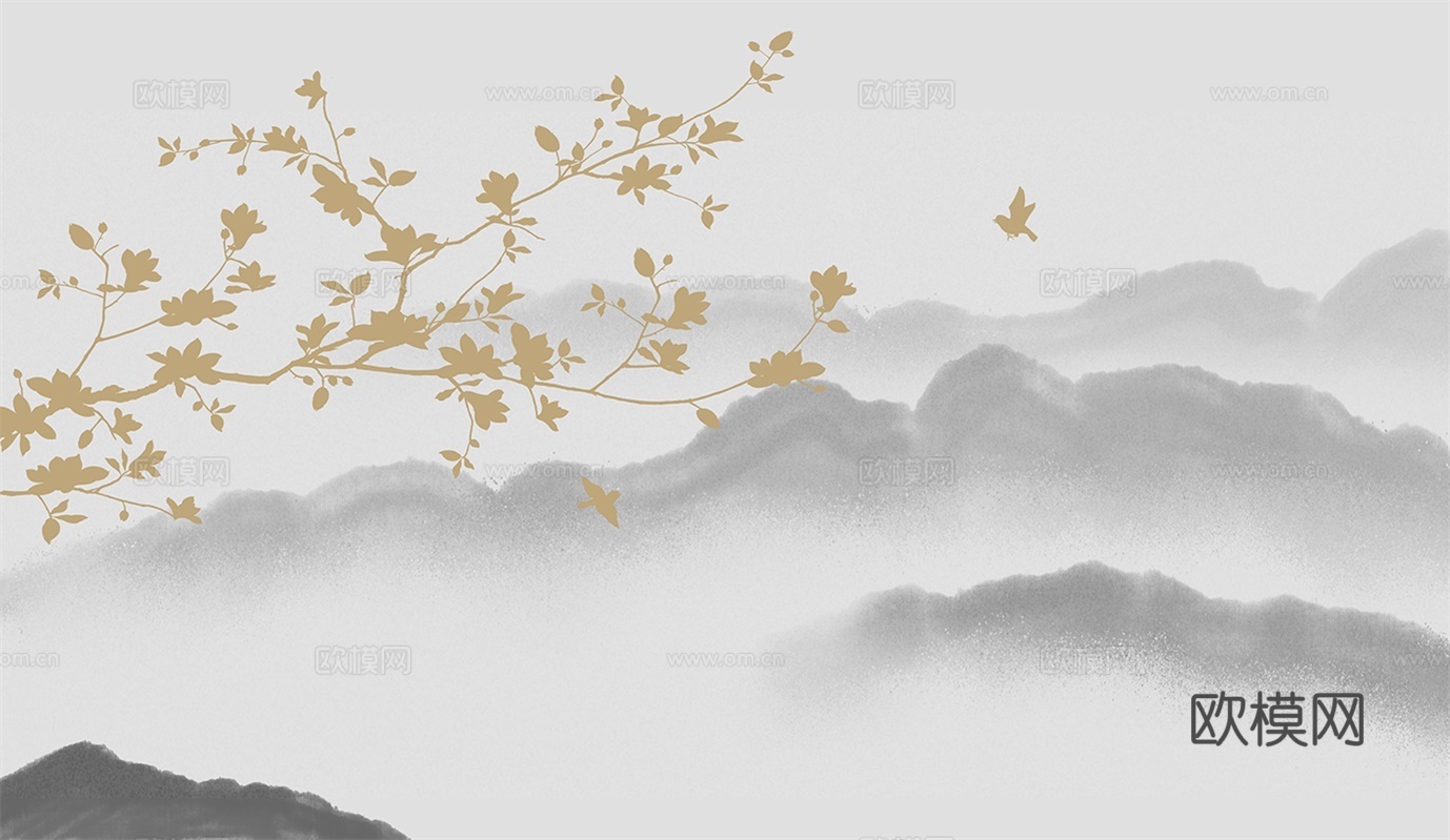 高清中式新中式植物落叶意境壁纸壁画