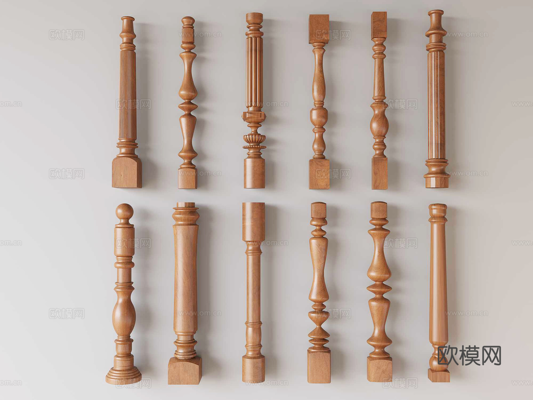 中古风楼梯护栏 实木立柱扶手栏杆 宝瓶柱护栏围栏3d模型