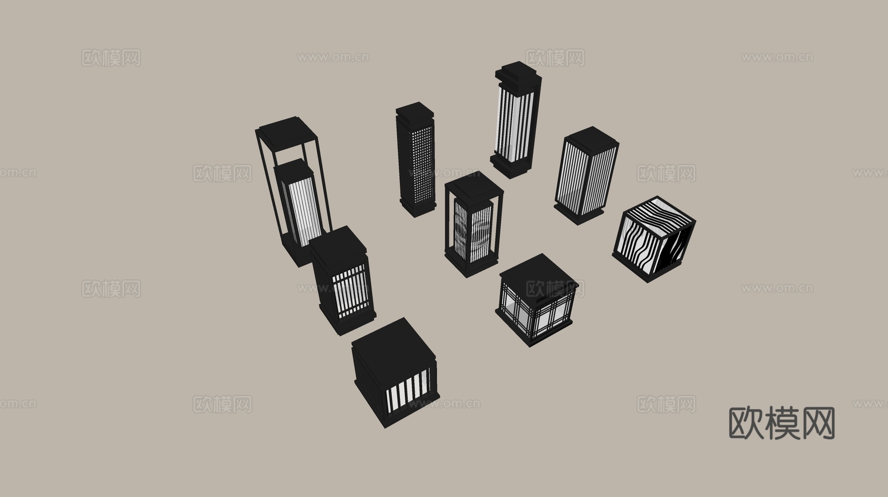 现代中式景观灯 草坪灯 庭院灯 户外灯组合su模型下载（渲染图2）