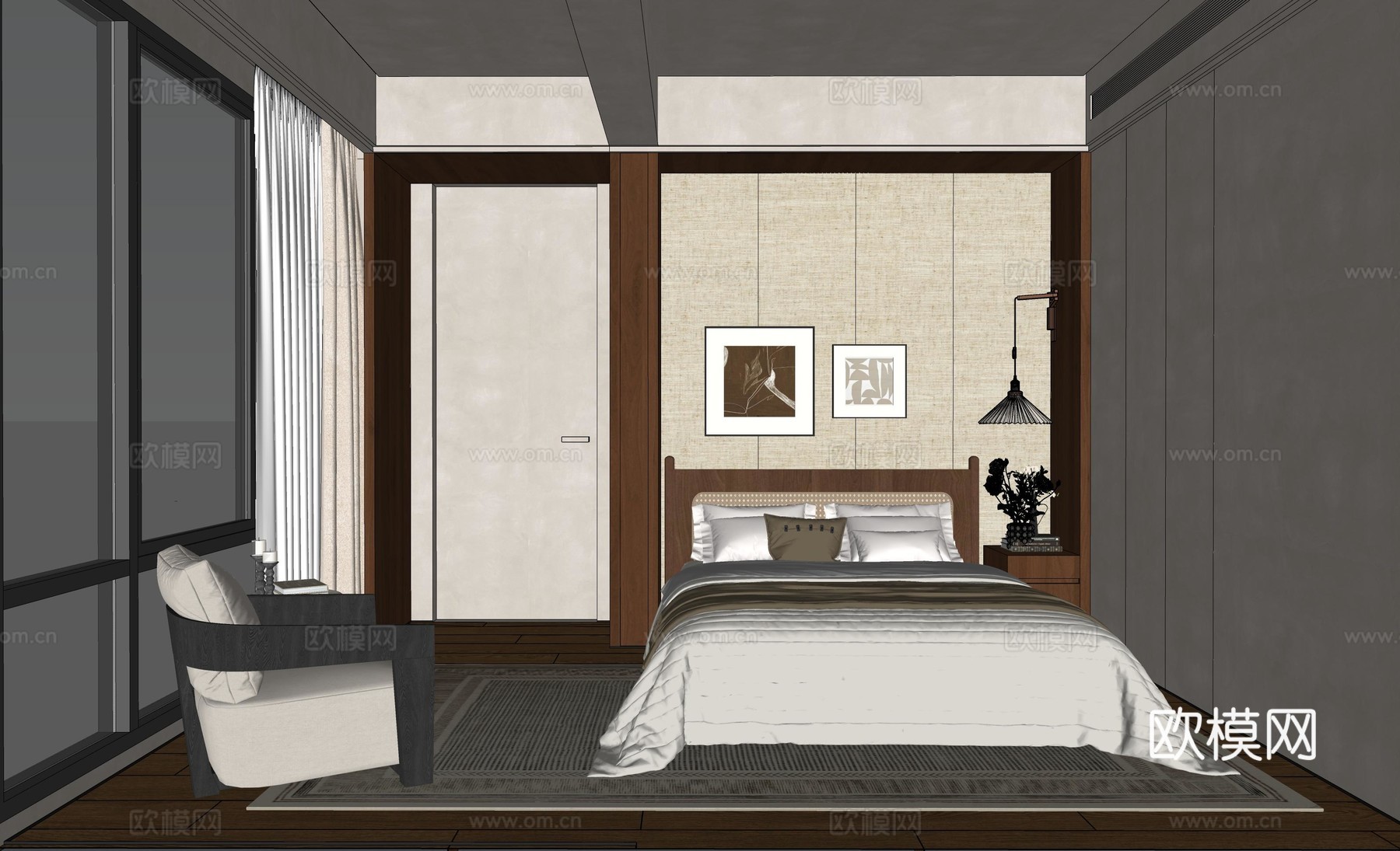 中古卧室 床 休闲椅 壁灯 地毯 挂画su模型