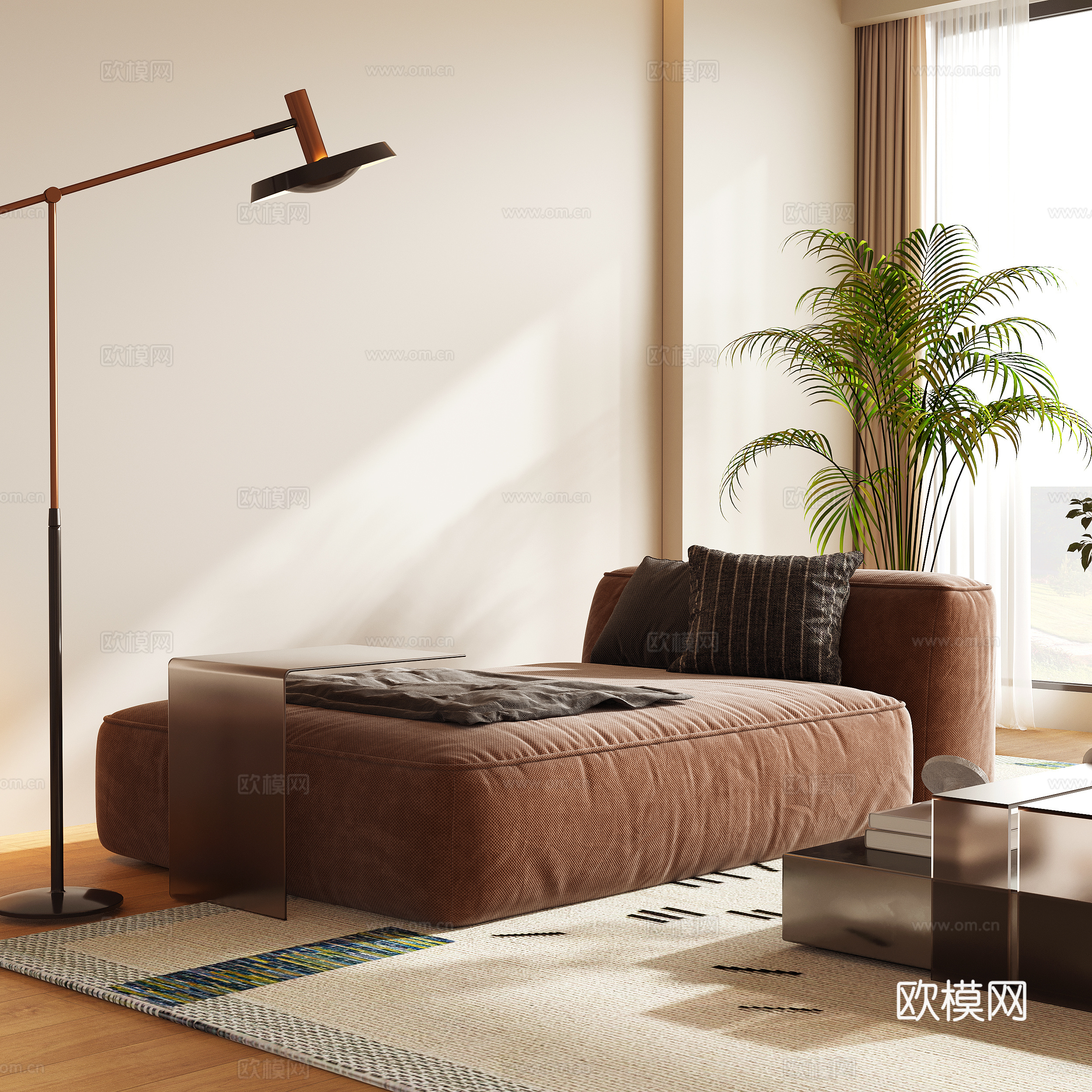 现代单人沙发 休闲沙发 钓鱼灯 落地灯 茶几 摆件组合3d模型下载