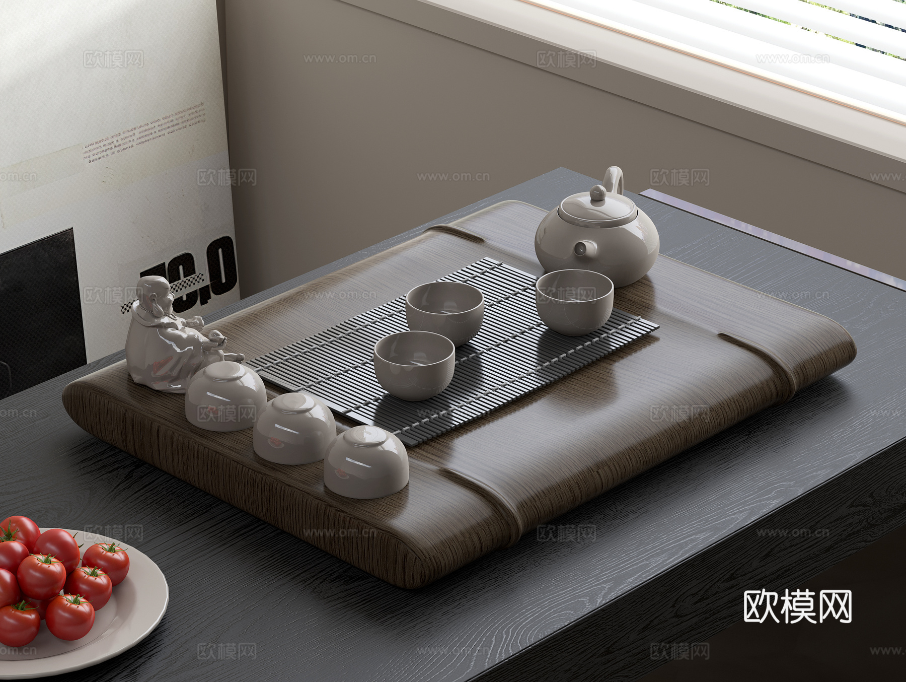 中式茶具组合 陶瓷茶壶茶杯 木质茶盘su模型