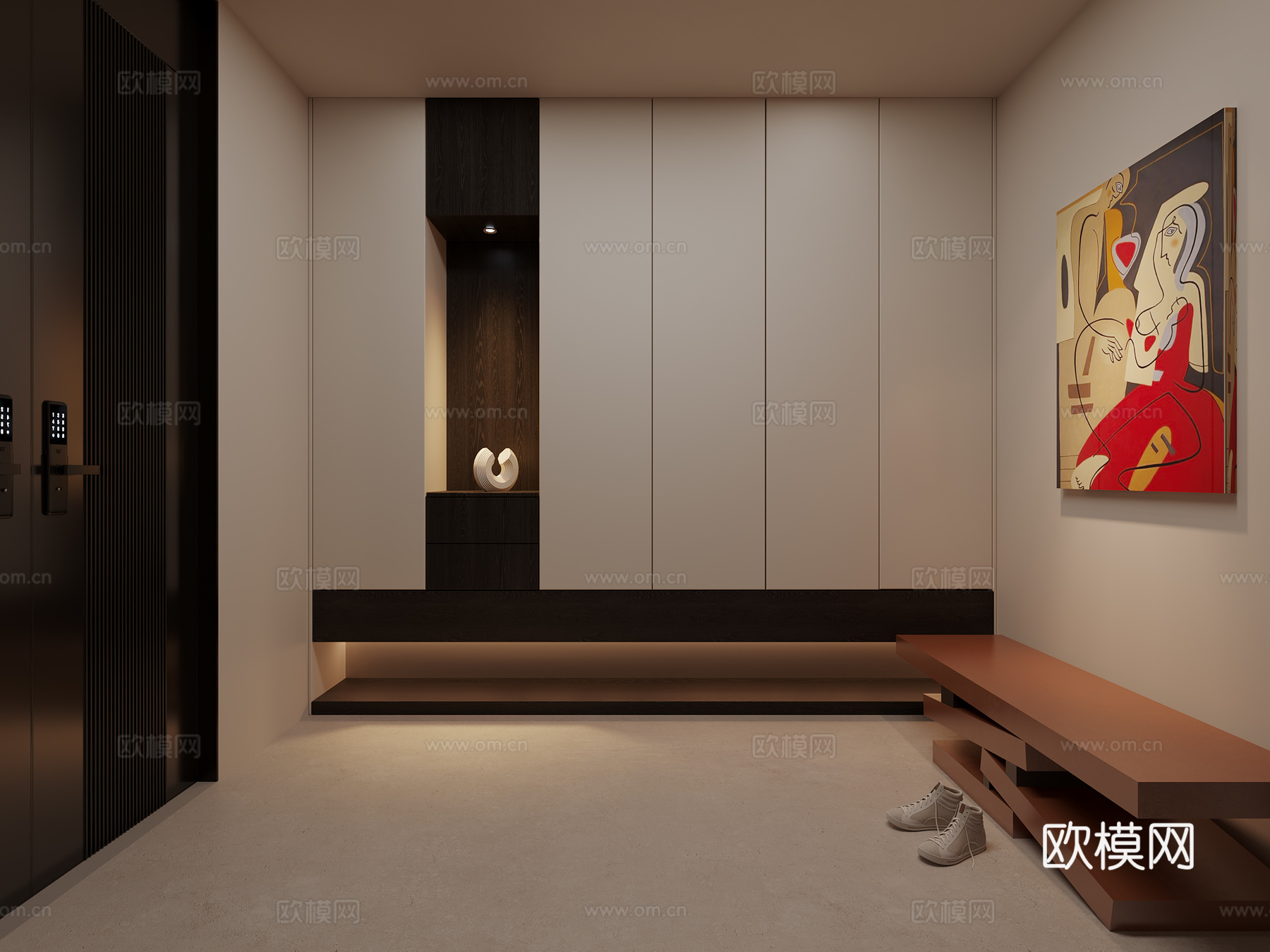 现代极简电梯玄关换鞋凳挂画鞋柜3d模型