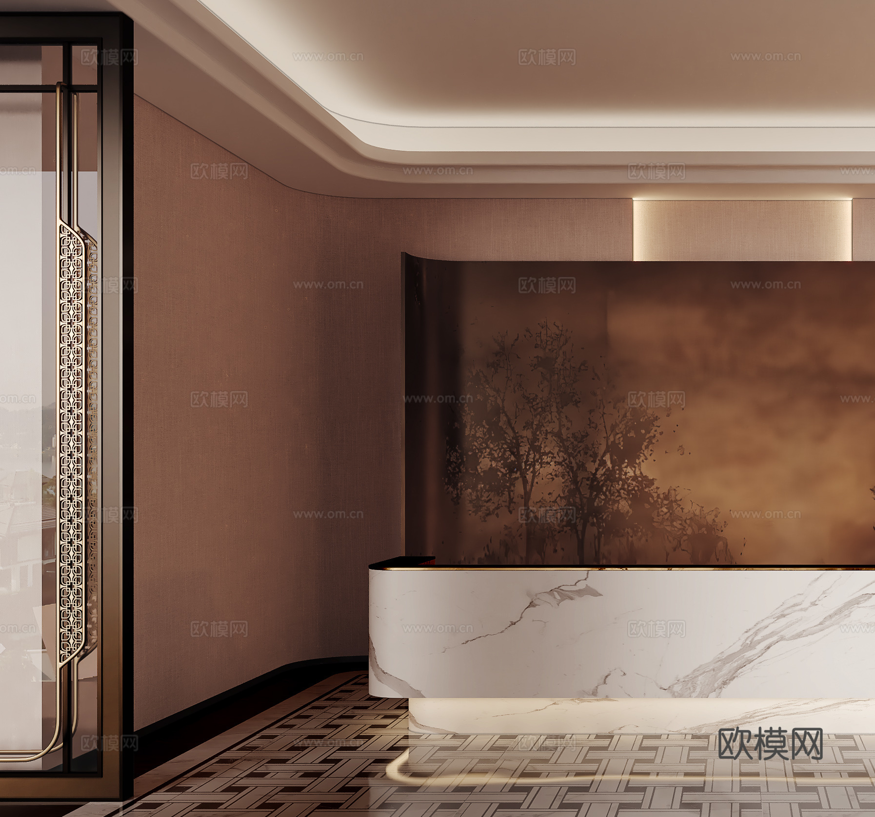 现代酒店会所前台接待台 办公前台 办公前台金属背景墙3d模型