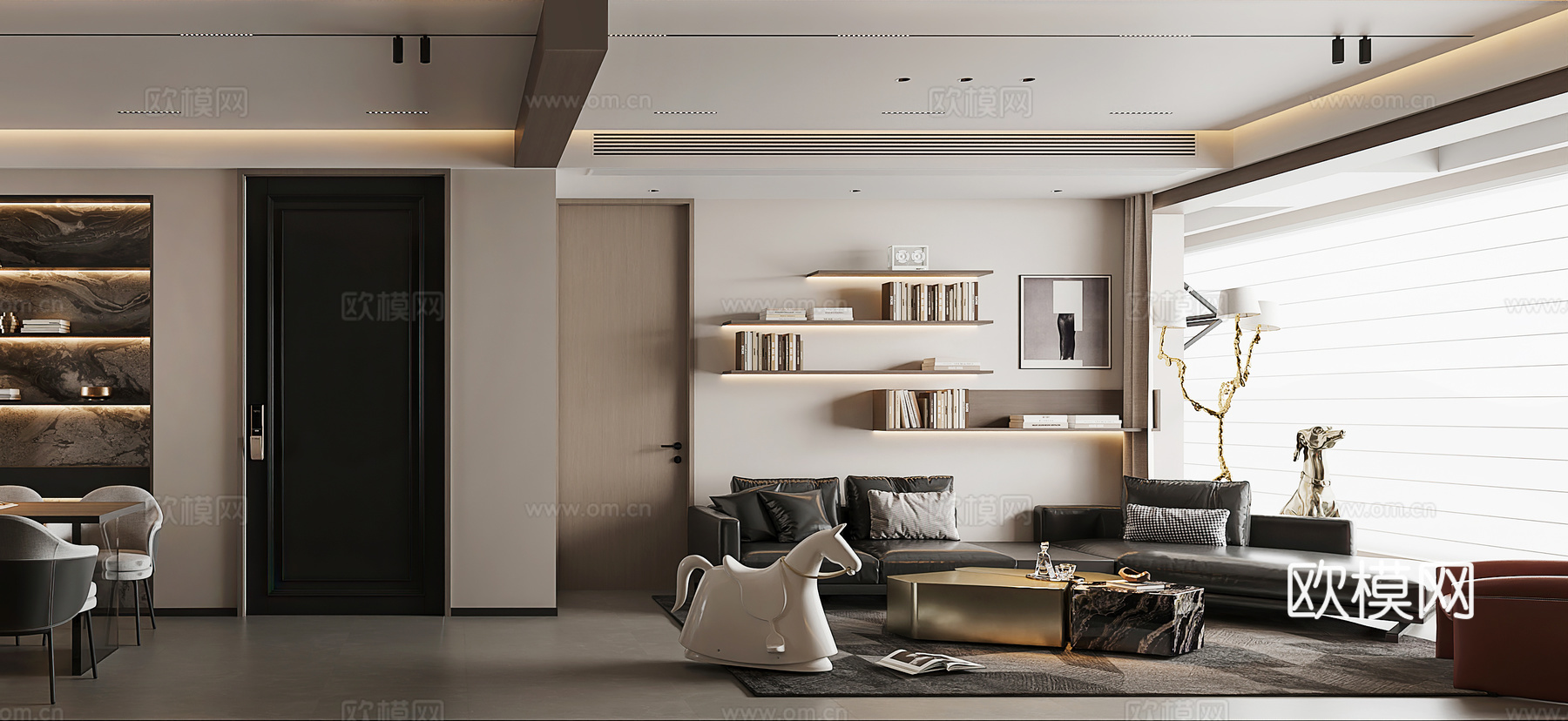 意式客餐厅 组合沙发 黑暗灰 暗黑风 酒柜 电视背景墙 休闲3d模型