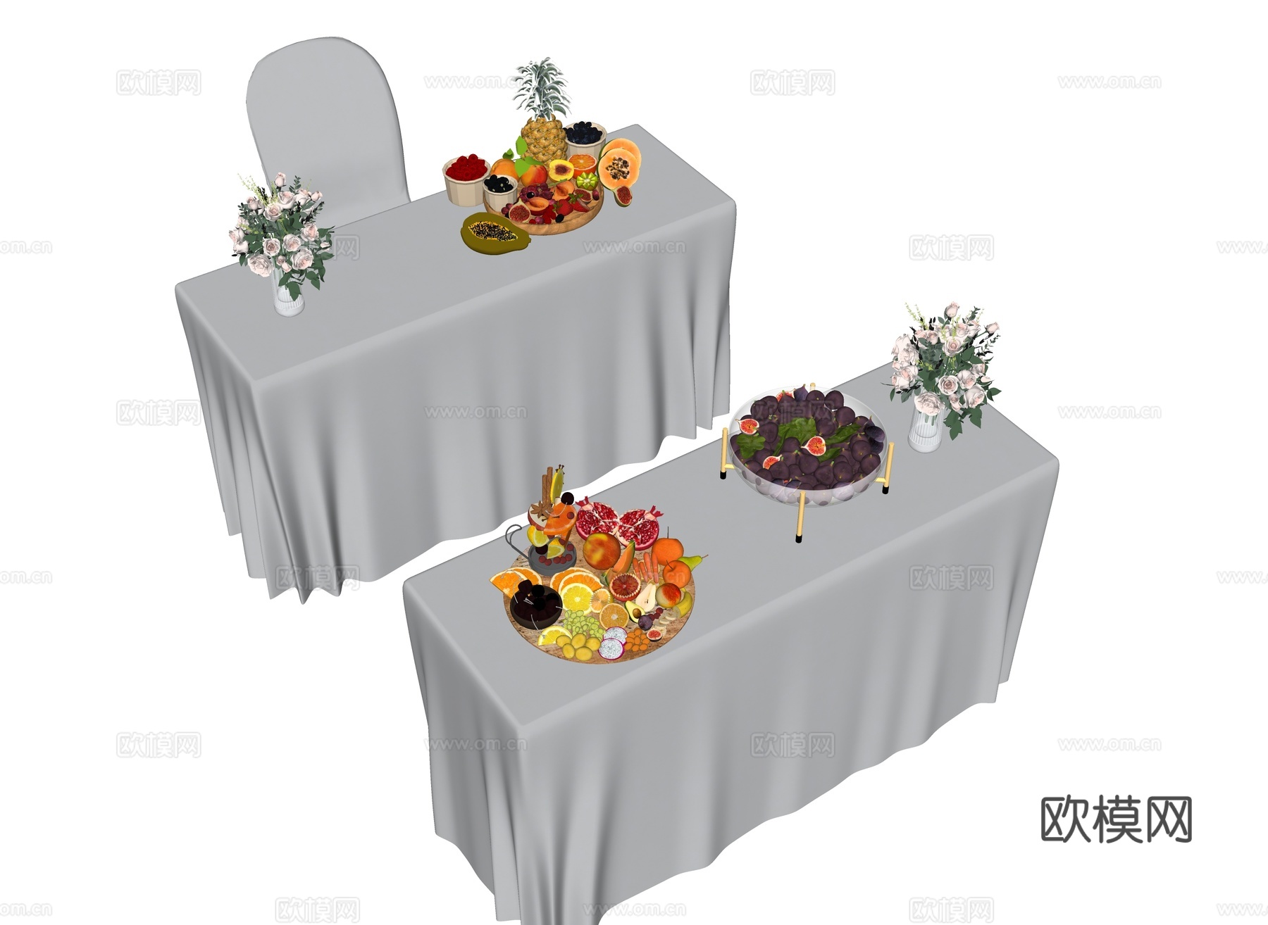 现代贵宾桌 签到桌 接待台 婚宴签到桌 水果果盘 菠萝 食物su模型
