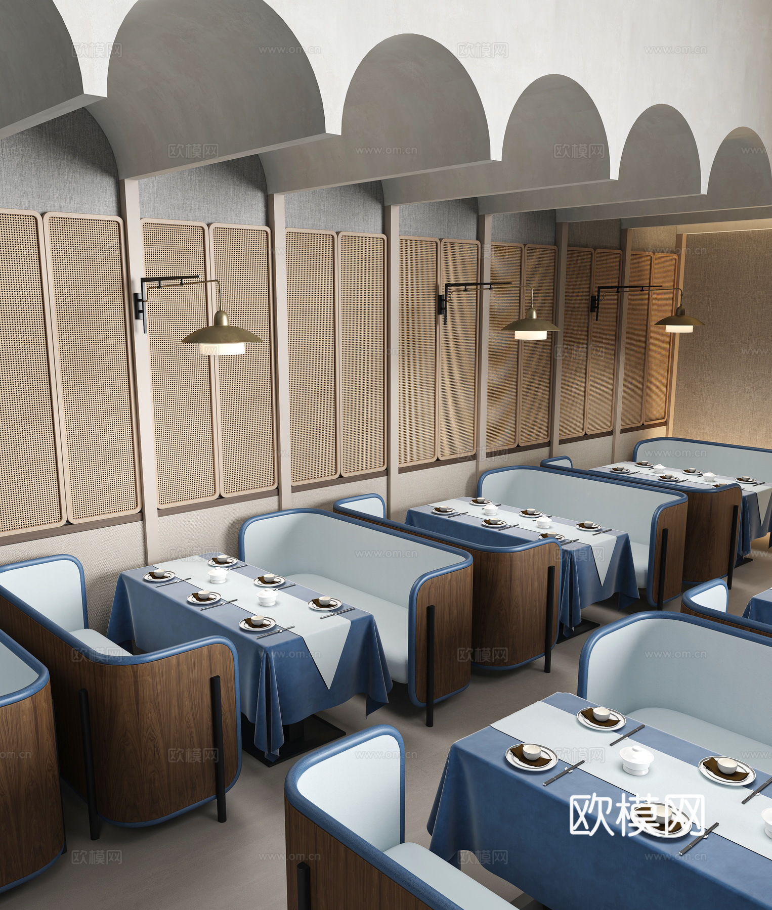 现代餐厅卡座 餐馆餐桌椅su模型