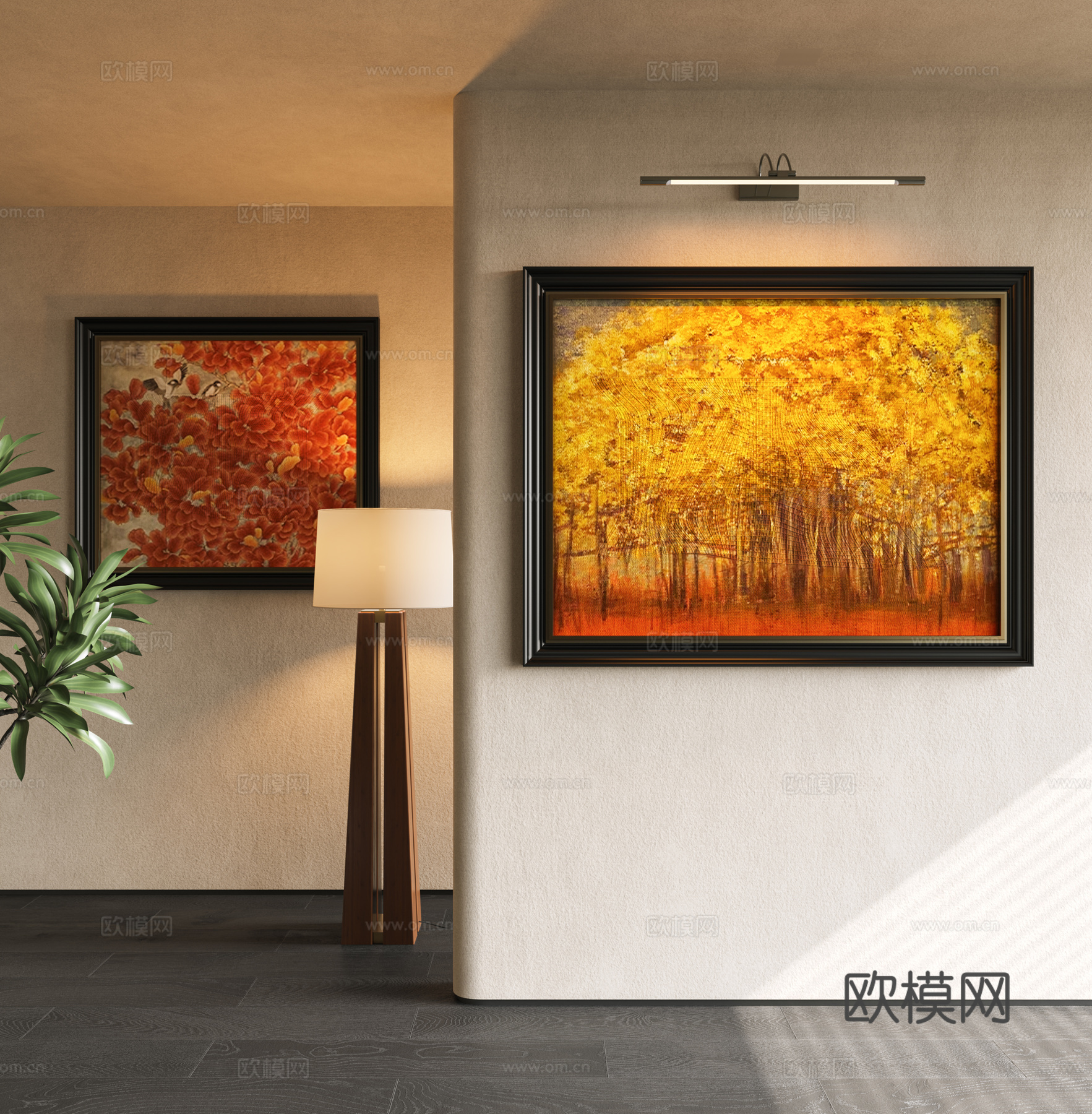 现代中古装饰画 橙色画 中古风落地灯 挂画 现代中古风装饰画3d模型