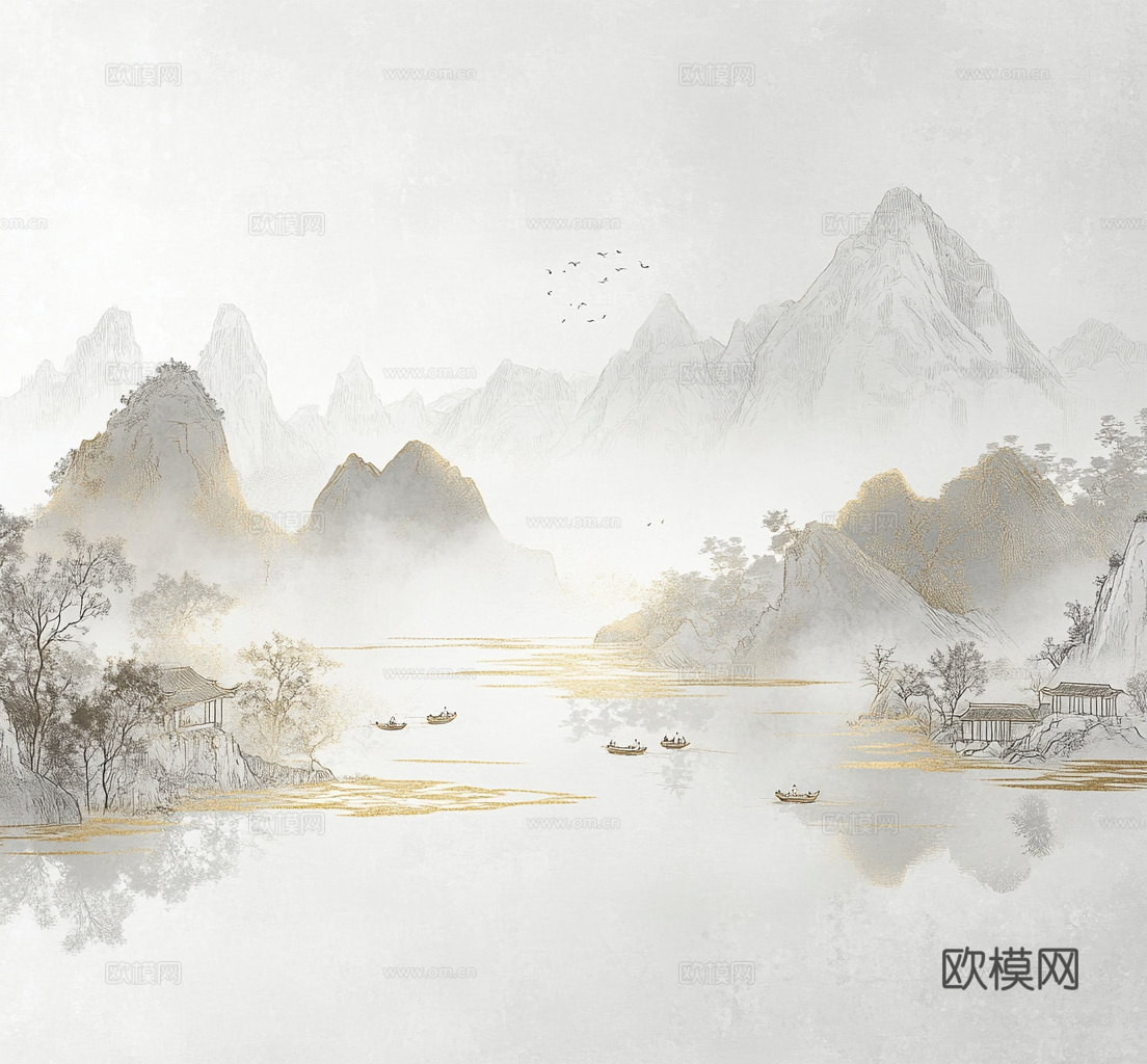 现代新中式壁画_新中式壁画_山水壁画贴图