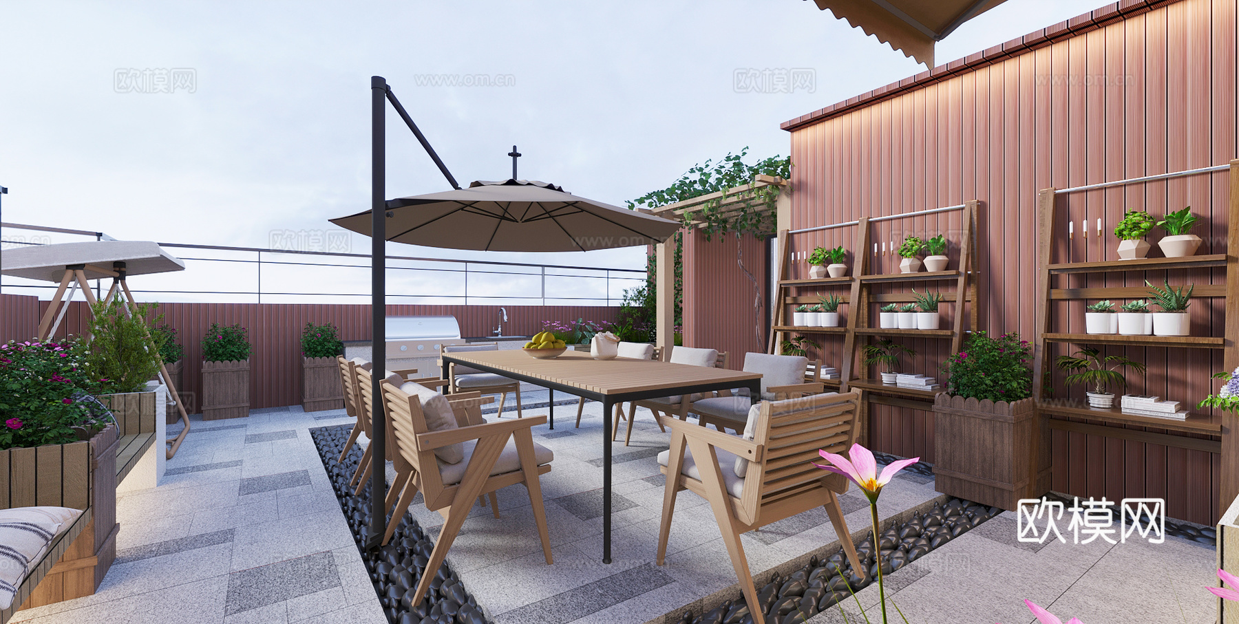 现代 屋顶花园 庭院 秋千 绿植 造景 葡萄架3d模型