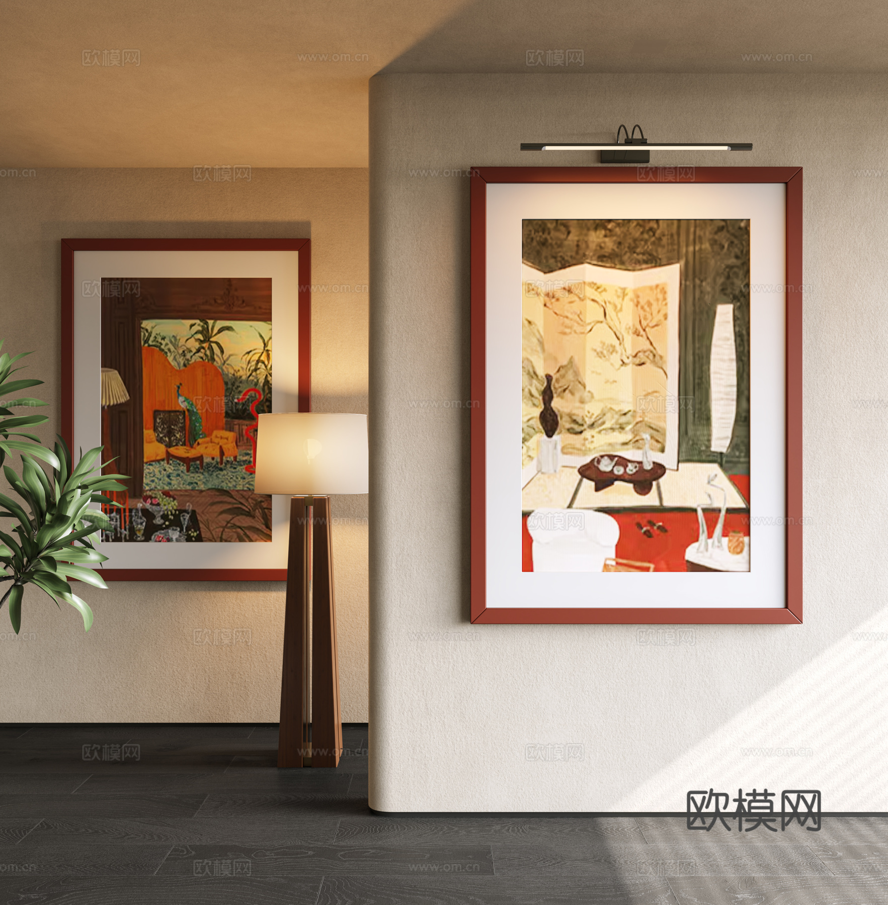 现代中古装饰画 多巴胺 中古风落地灯 挂画 现代中古风装饰画su模型