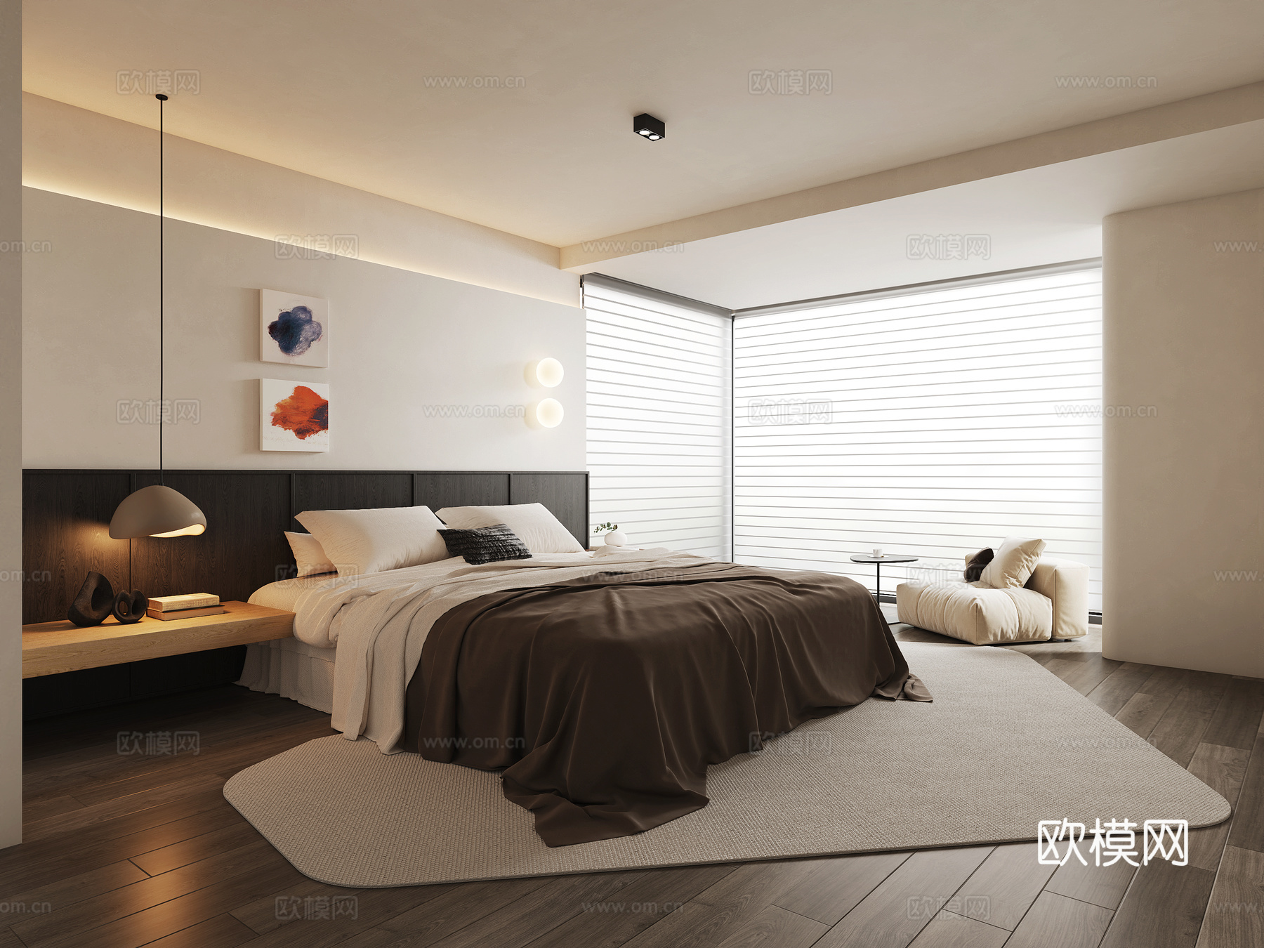 现代简约卧室 双人床 单人沙发 吊灯 窗帘 地毯 装饰画3d模型