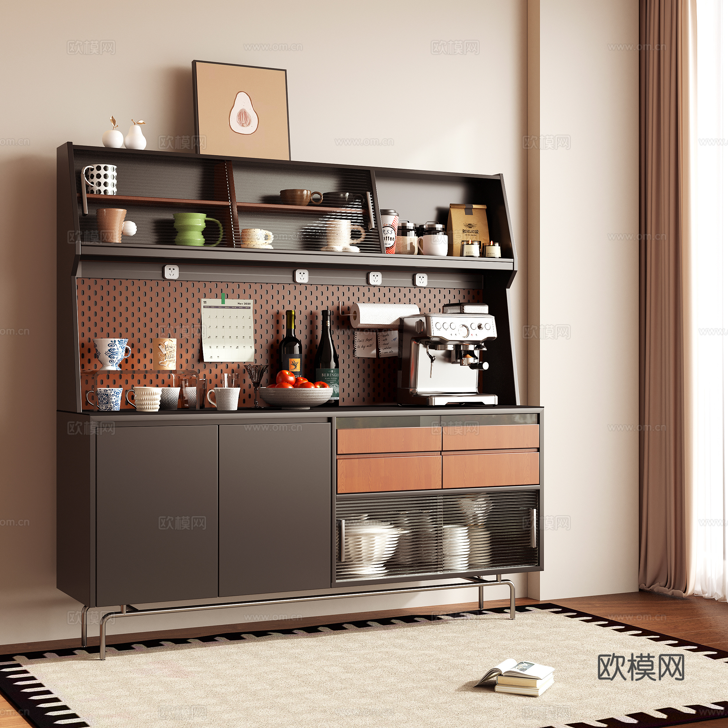 现代餐边柜 边柜 储物柜 备餐柜 茶水柜 咖啡机 饰品摆件su模型