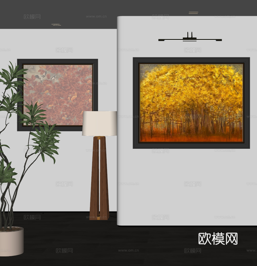现代中古装饰画 橙色画 中古风落地灯 挂画 现代中古风装饰画su模型
